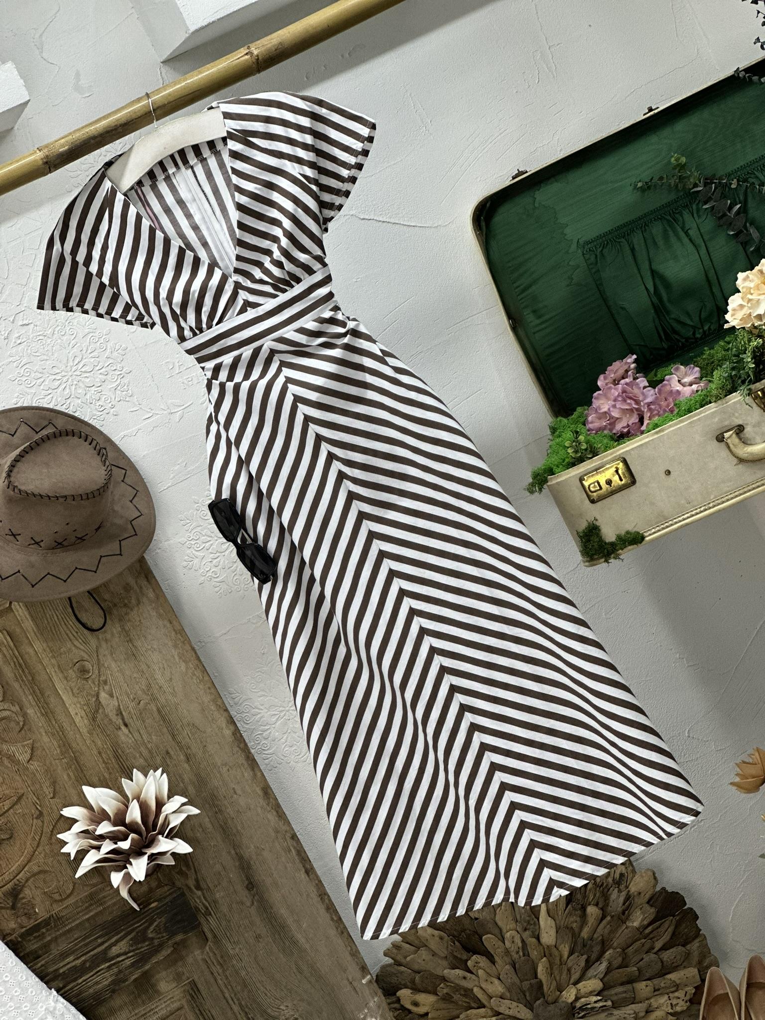 Keten Kumaş Çizgi Desen Kısa Kol Uzun Elbise