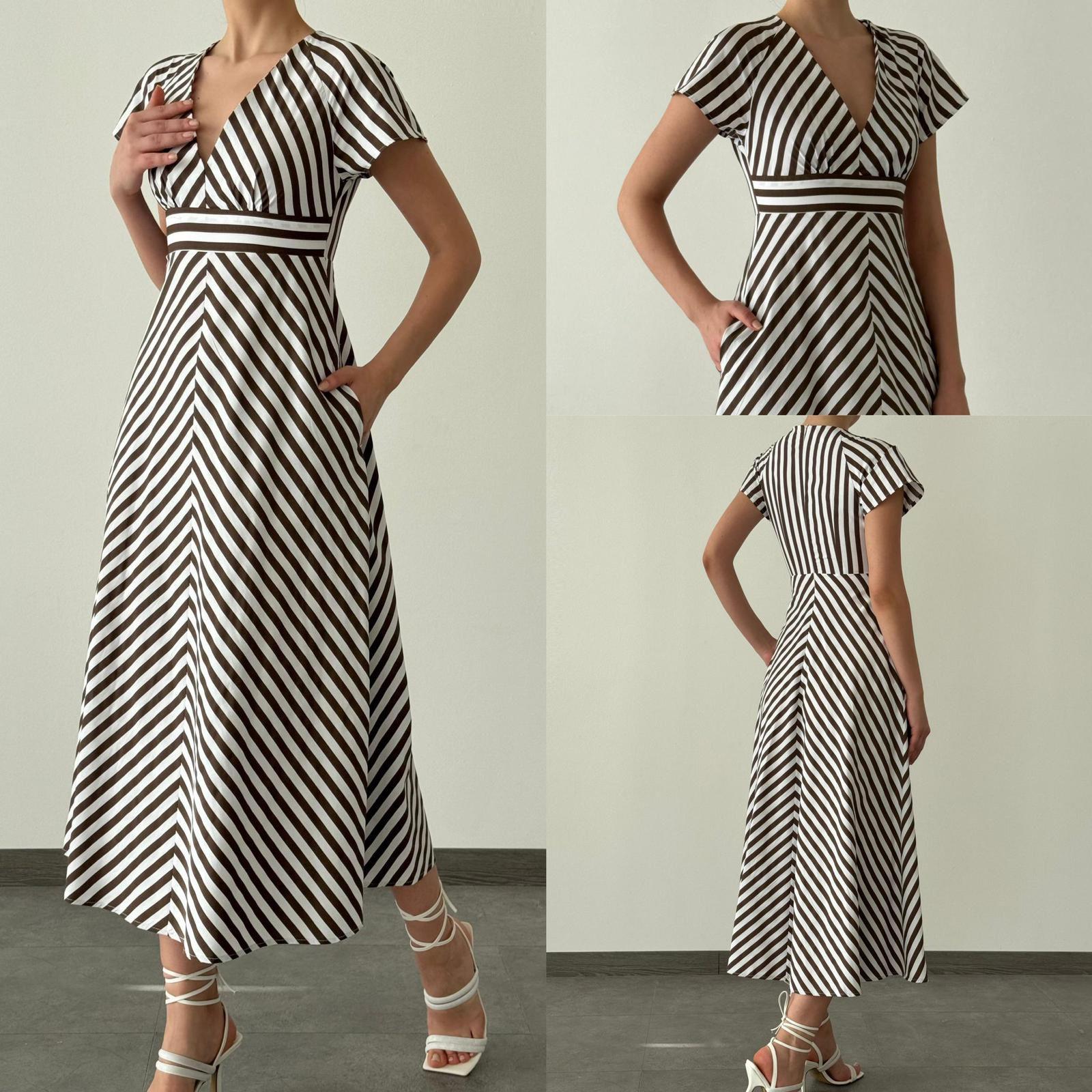 Keten Kumaş Çizgi Desen Kısa Kol Uzun Elbise