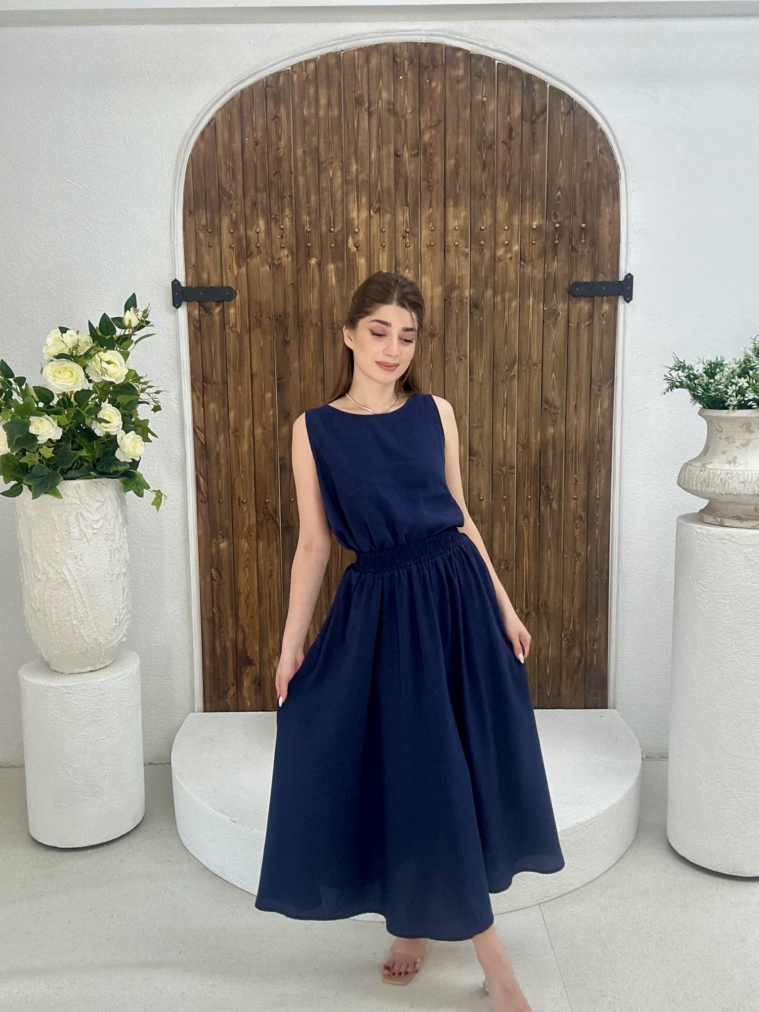 Keten Kumaş Rahat Kalıp Midi Etekli İkili Takım Lacivert