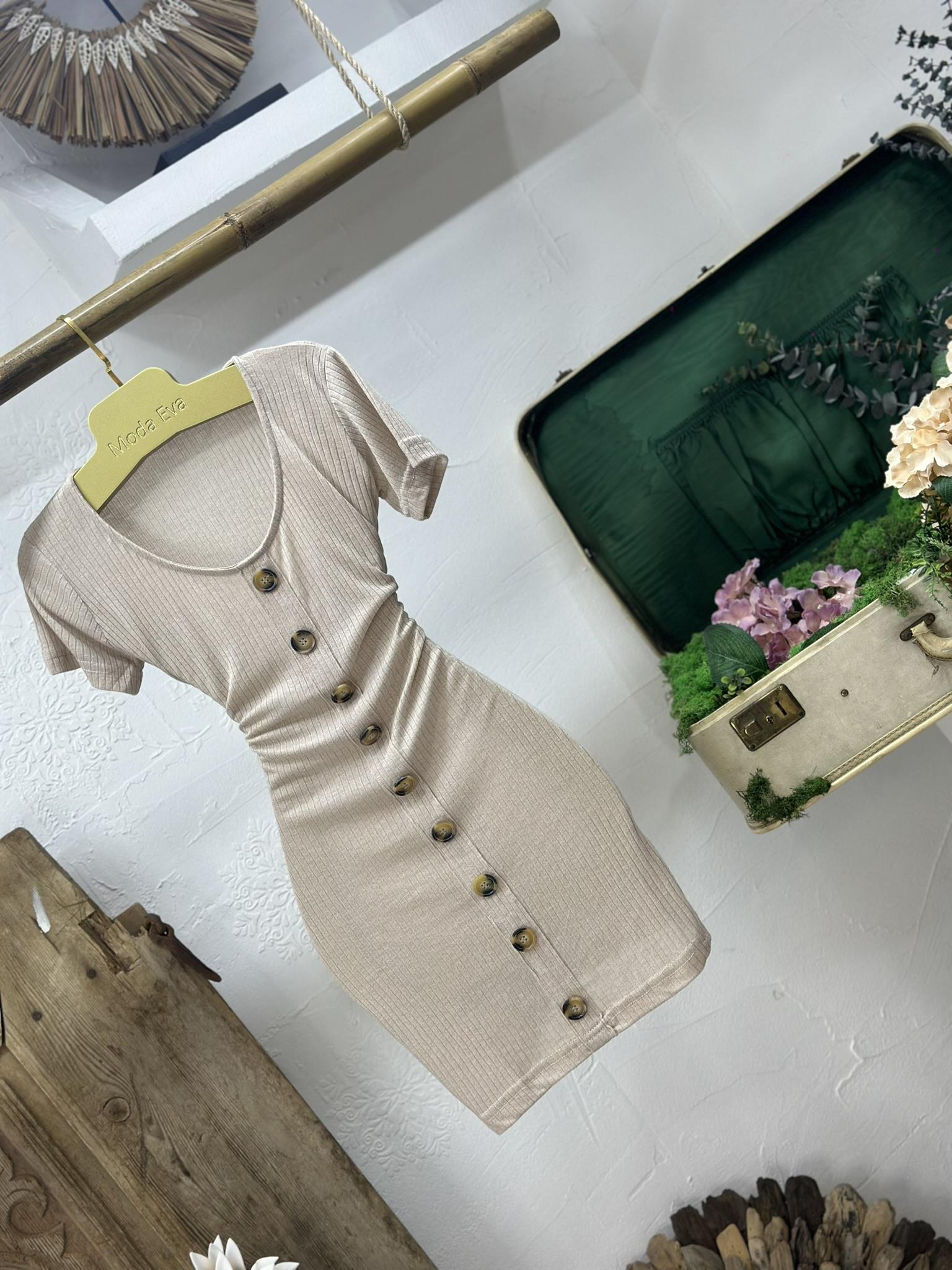 Kısa Kollu Düğme Detay Kaşkorse Elbise