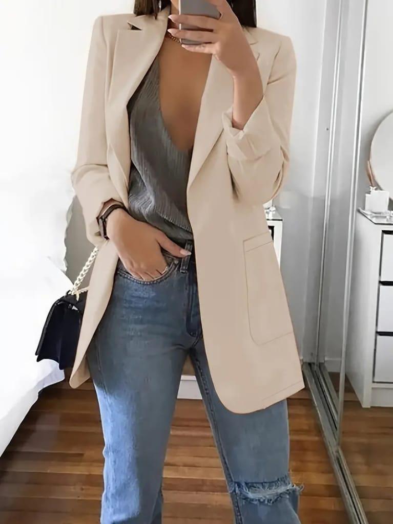 Krem Atlas Kumaş Vatkalı Büyük Cep Detaylı Blazer Ceket 