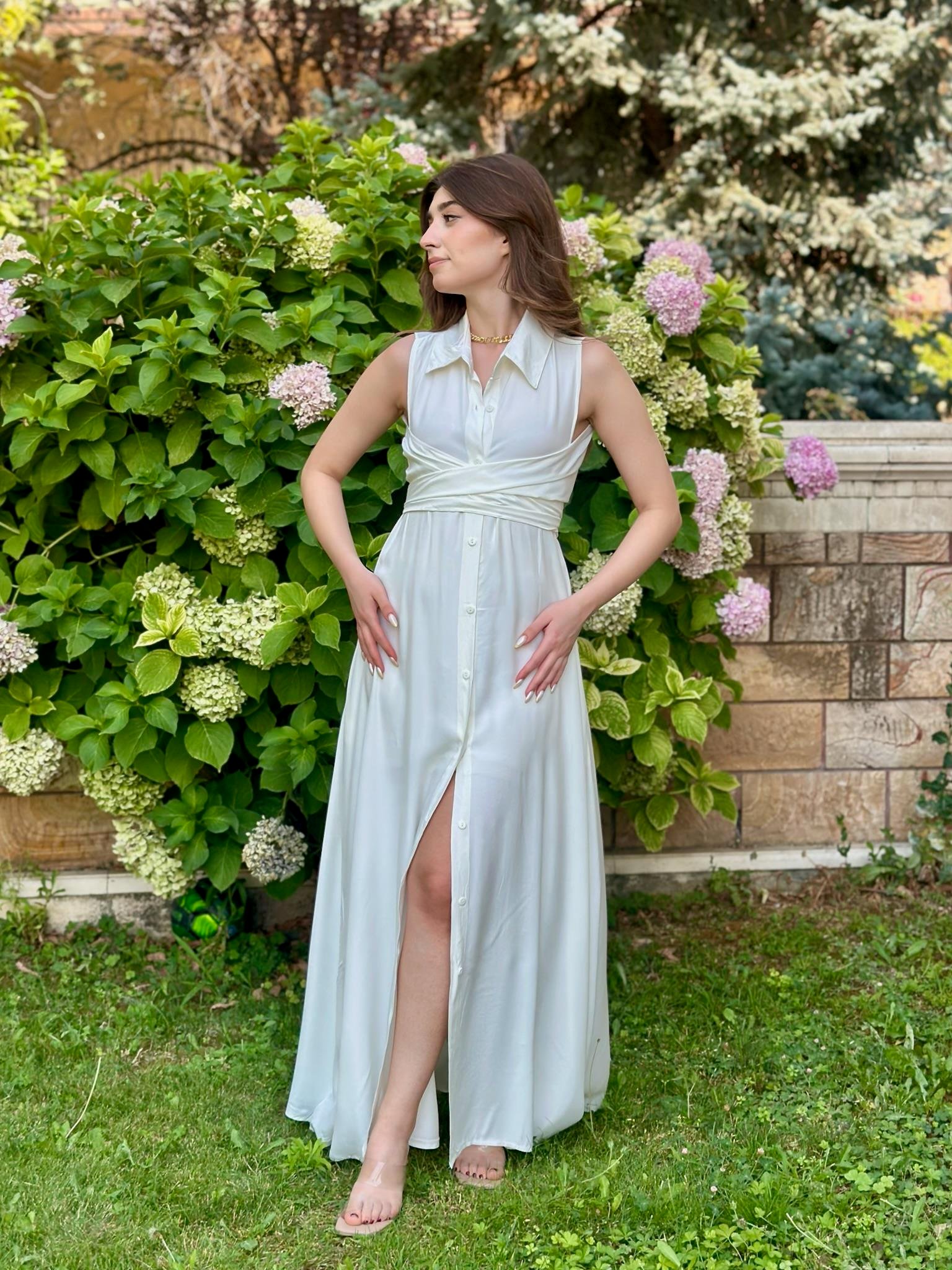 Krinkle Kumaş Uzun Gömlek Elbisemiz Beyaz