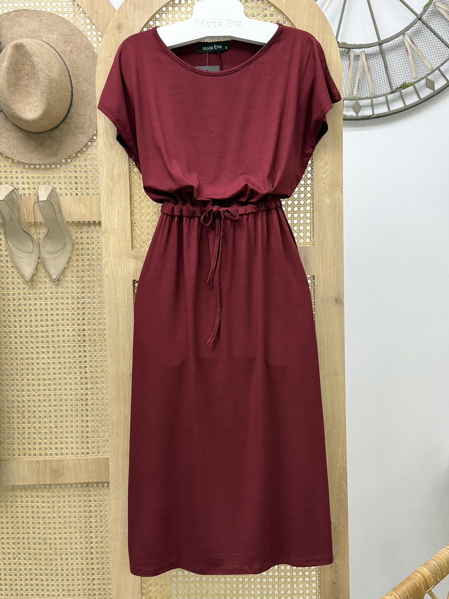 Kristal Pamuk Kumaş Bel Büzgülü Midi Boy Elbise Bordo