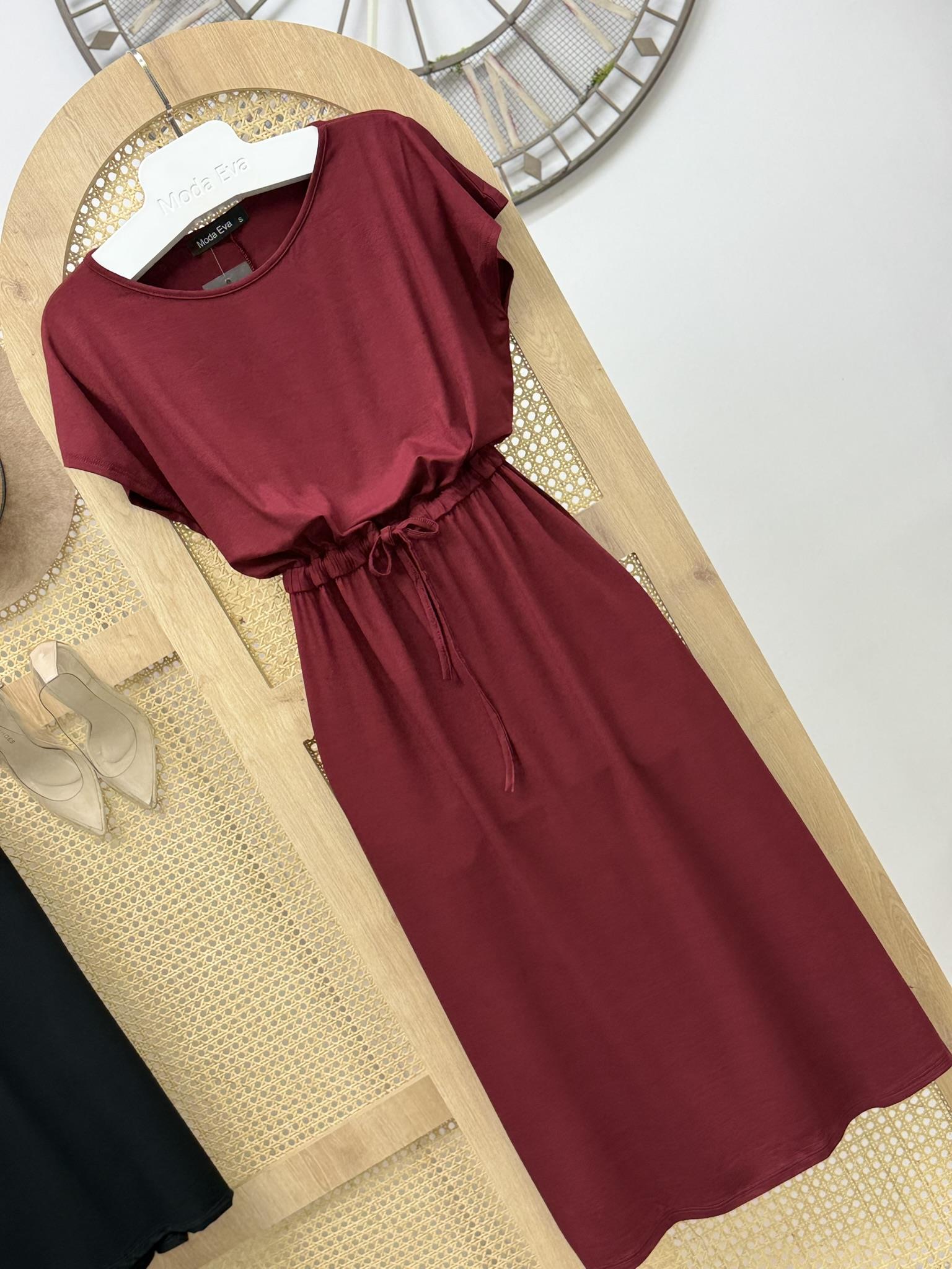 Kristal Pamuk Kumaş Bel Büzgülü Midi Boy Elbise Bordo