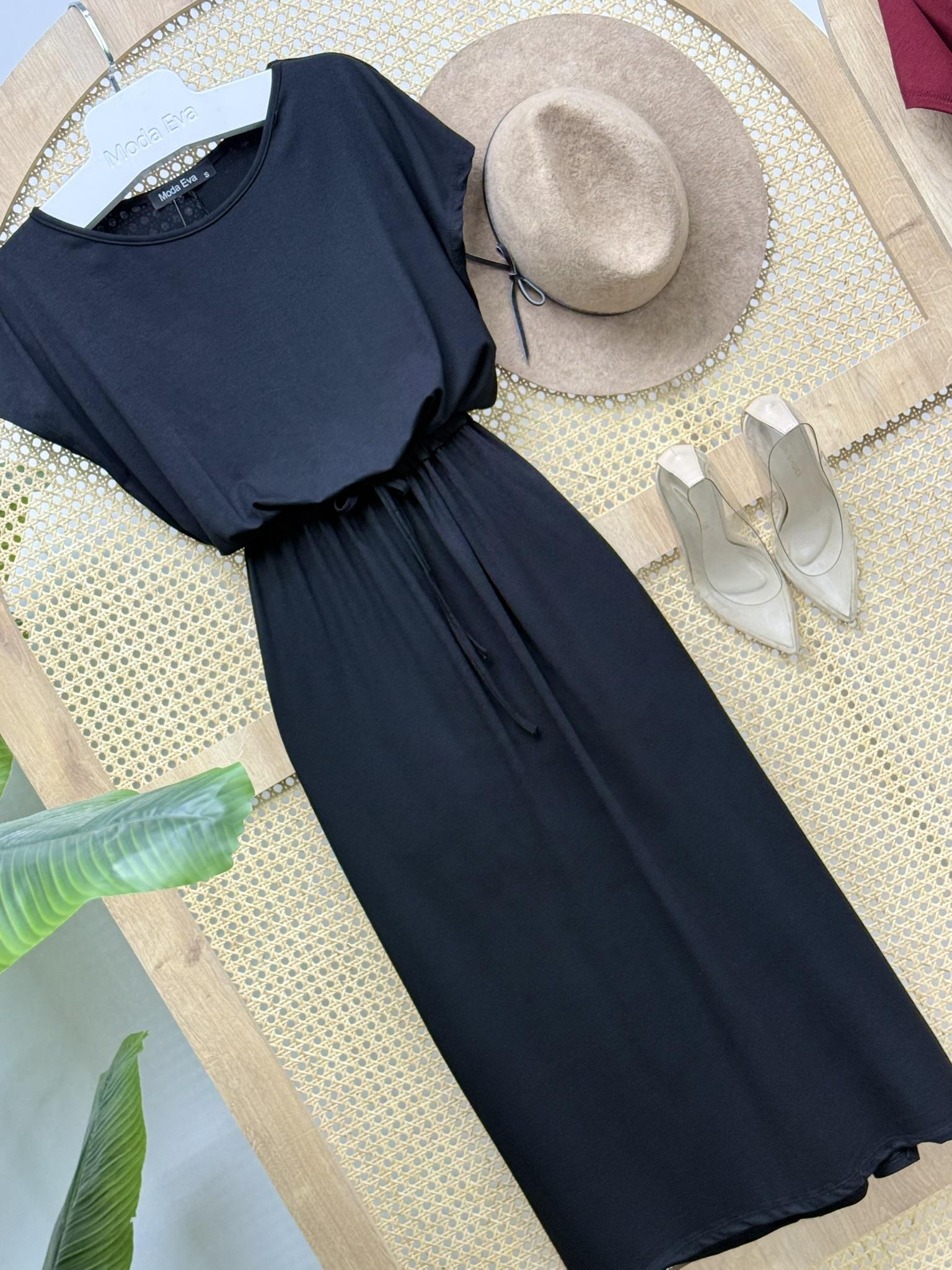 Kristal Pamuk Kumaş Bel Büzgülü Midi Boy Elbise Siyah