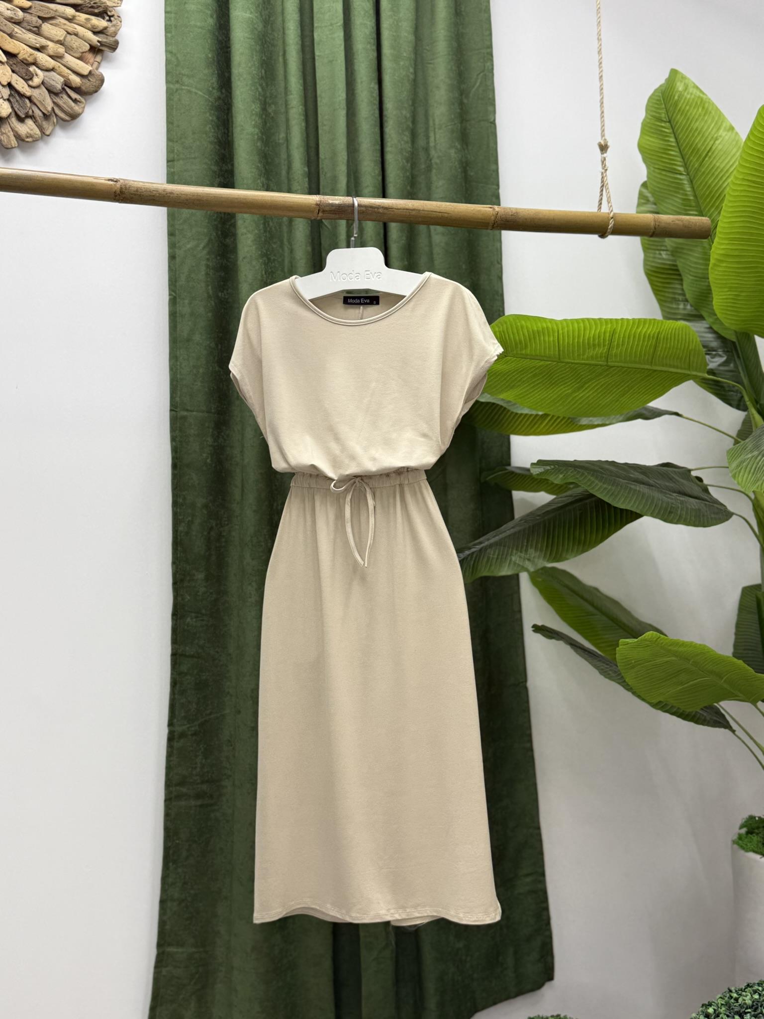 Kristal Pamuk Kumaş Bel Büzgülü Midi Boy Elbise Bej