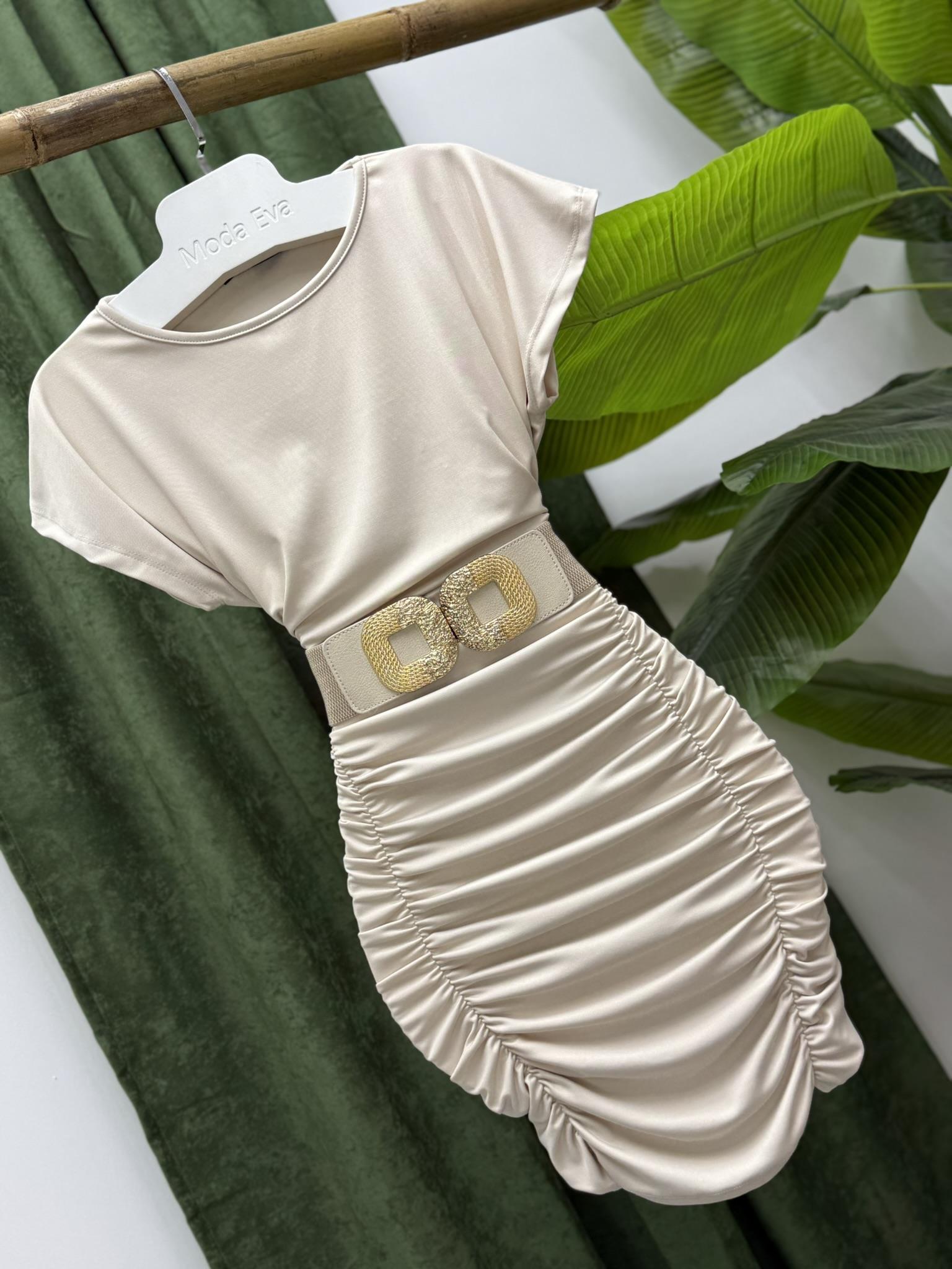 Kristal Pamuk Kumaş Drapeli Kalem Elbise Bej