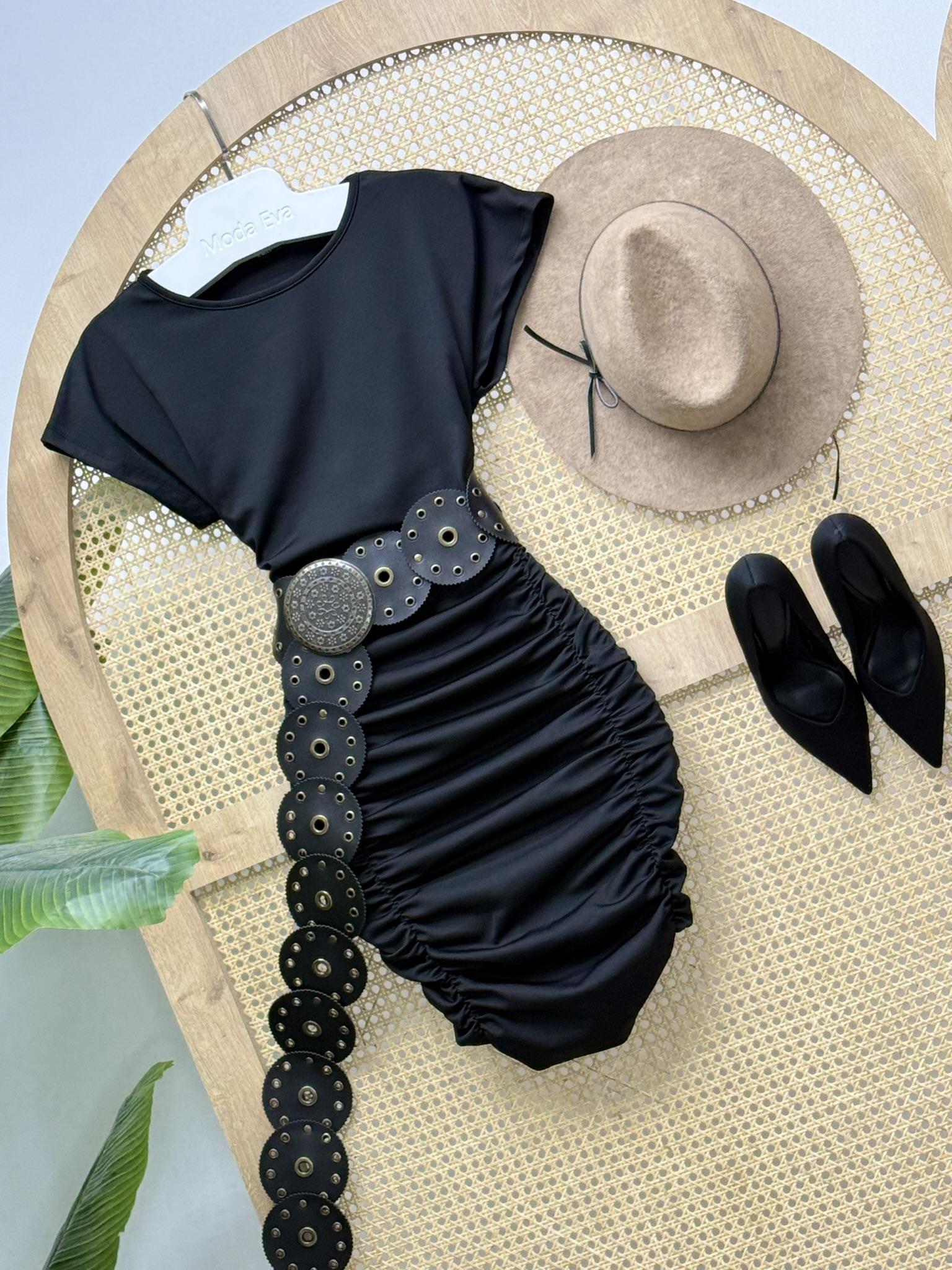 Kristal Pamuk Kumaş Drapeli Kalem Elbise Siyah