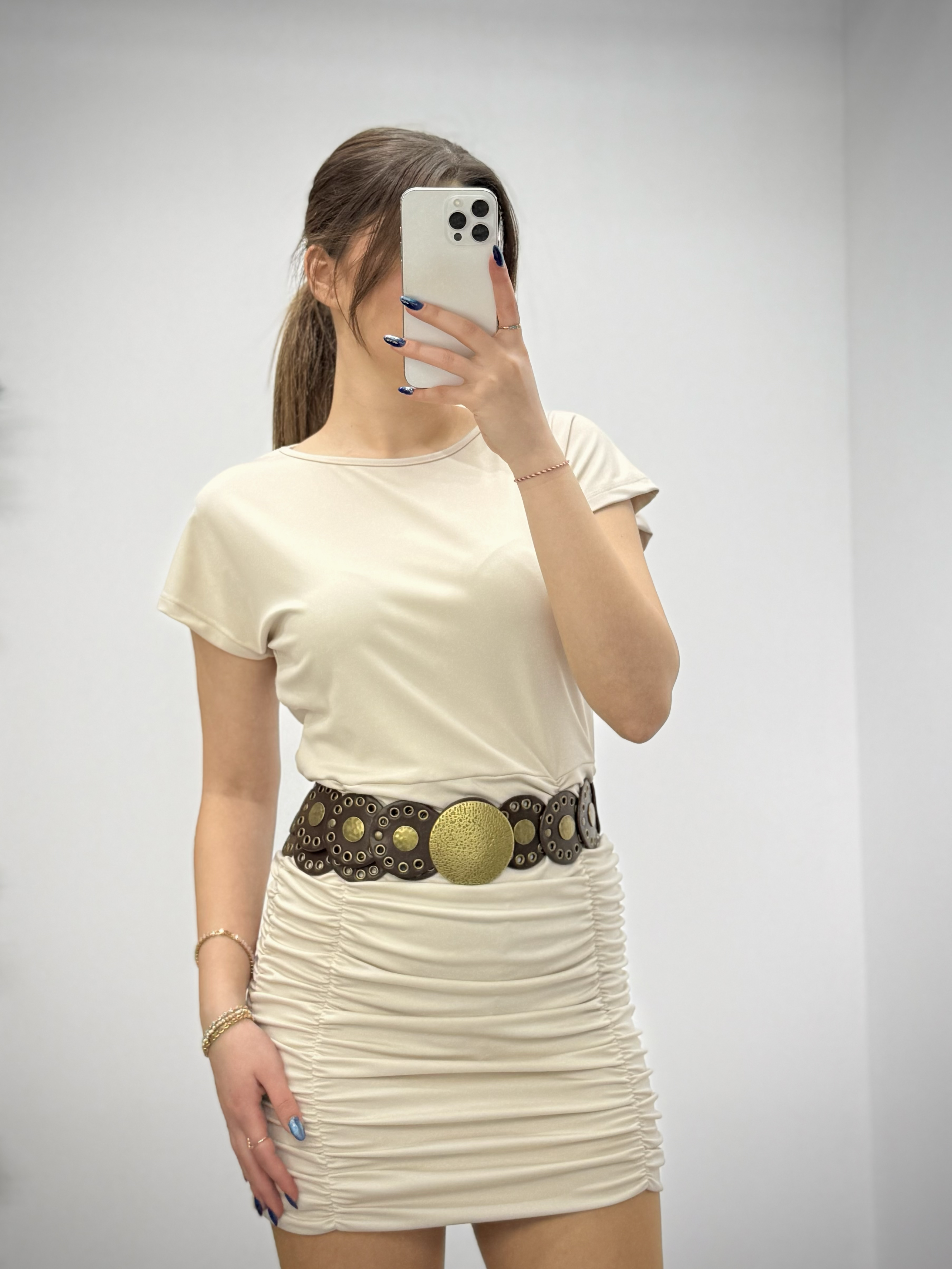 Kristal Pamuk Kumaş Drapeli Kalem Elbise Bej