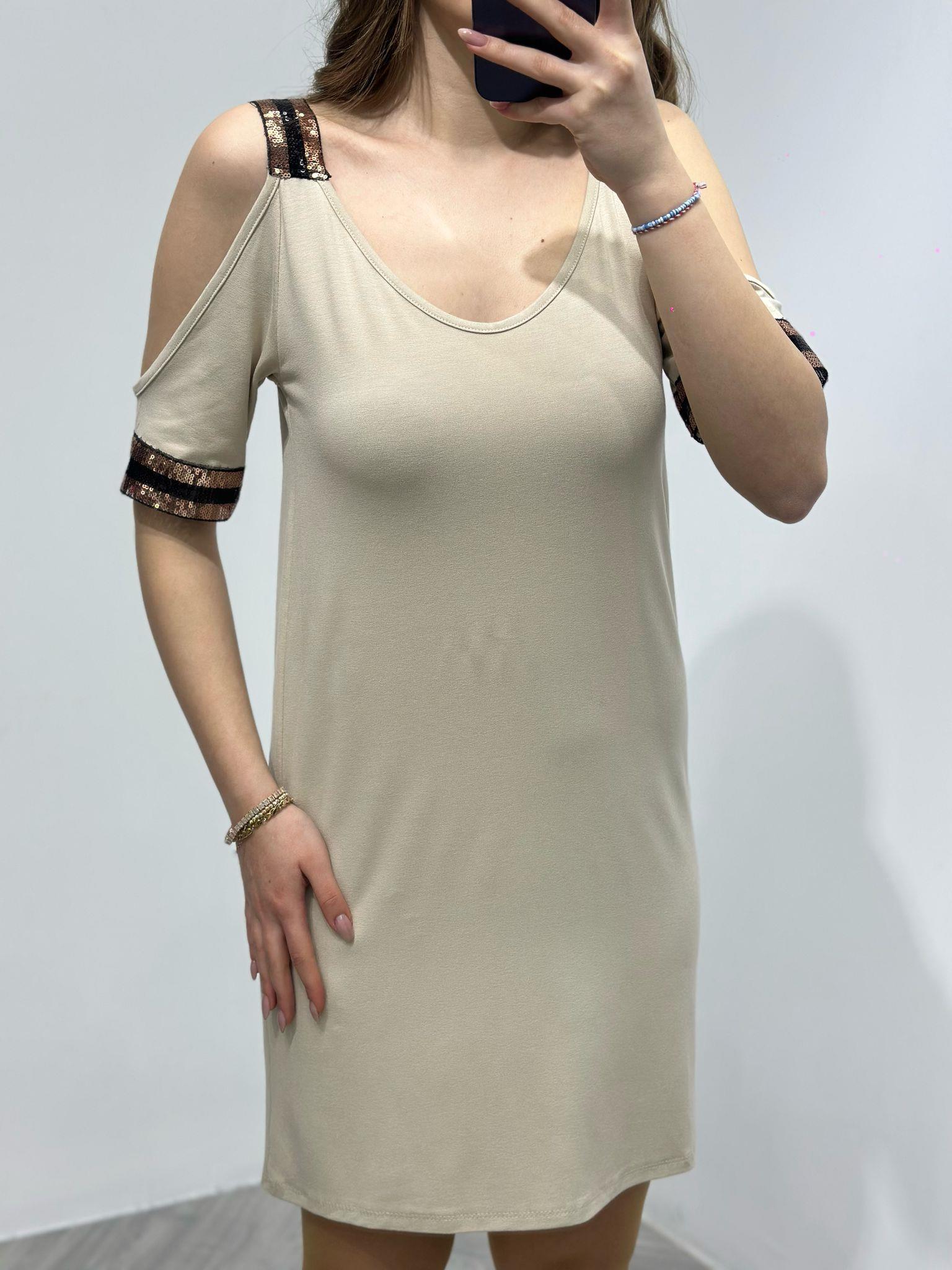 Kristal Pamuk Kumaş Rahat Kalıp Payet Detay Elbise Krem