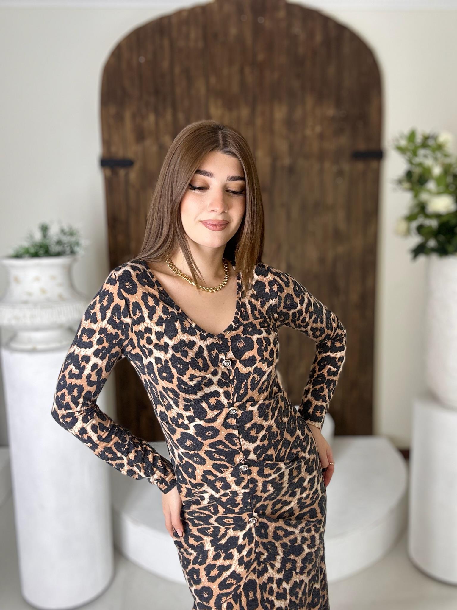 Kristal Pamuk Leopar Desen Düğme Detaylı Tasarım Midi Boy Elbise Kahve