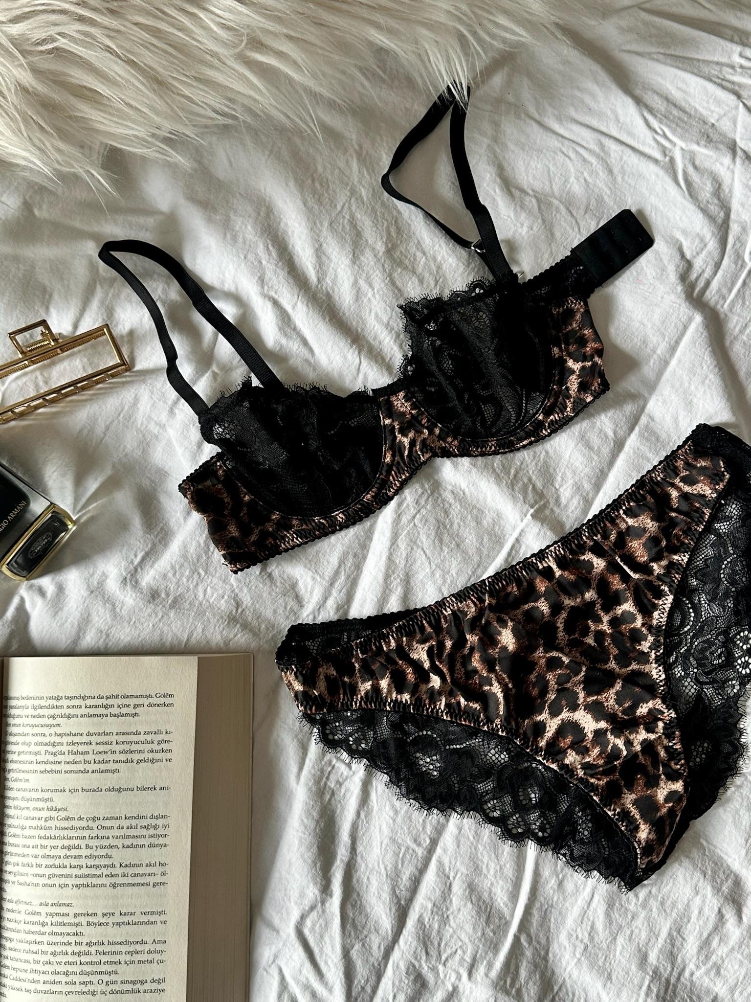 Leopar Desen Balenli Dantelli Sütyen Takım