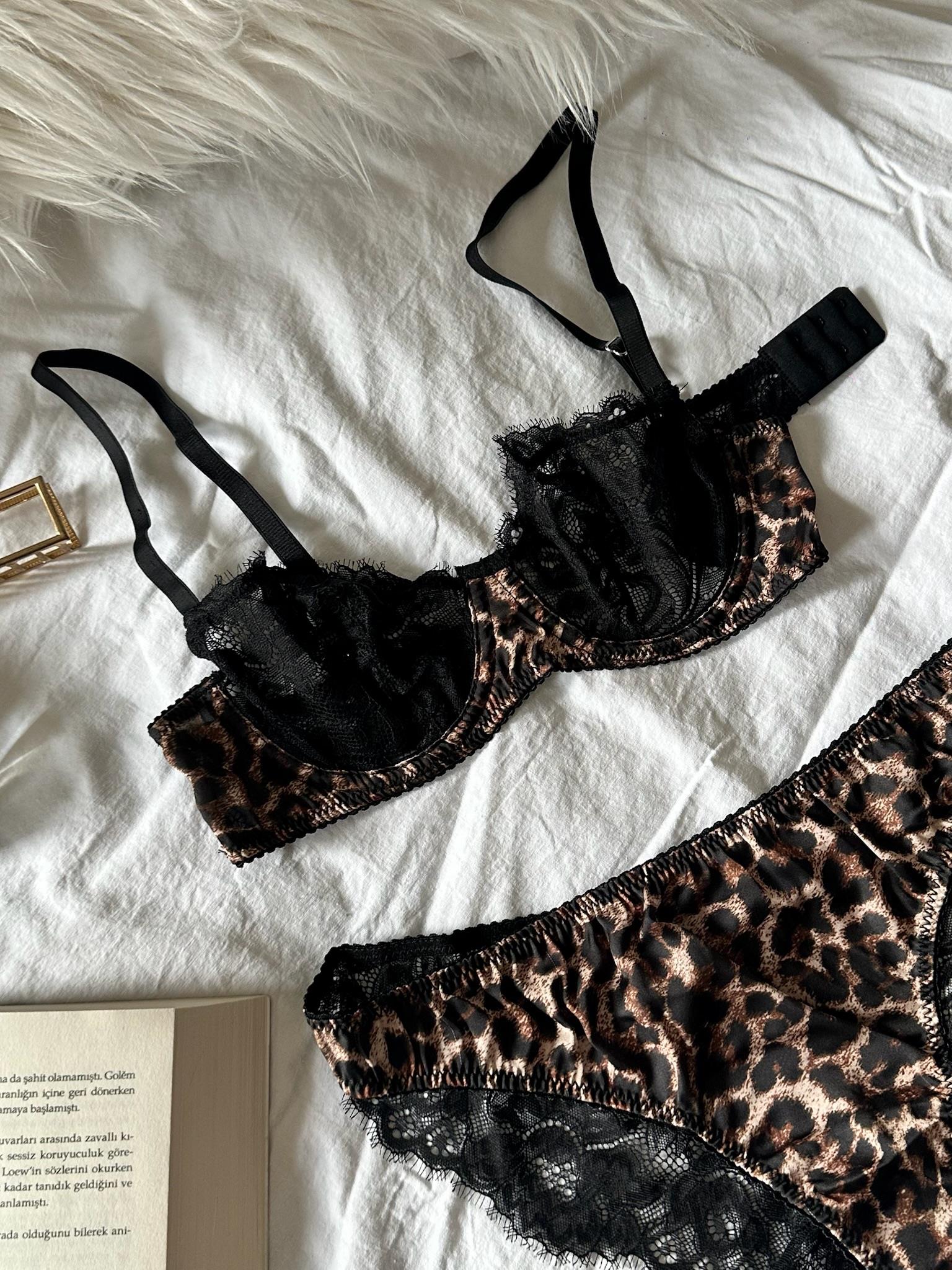 Leopar Desen Balenli Dantelli Sütyen Takım