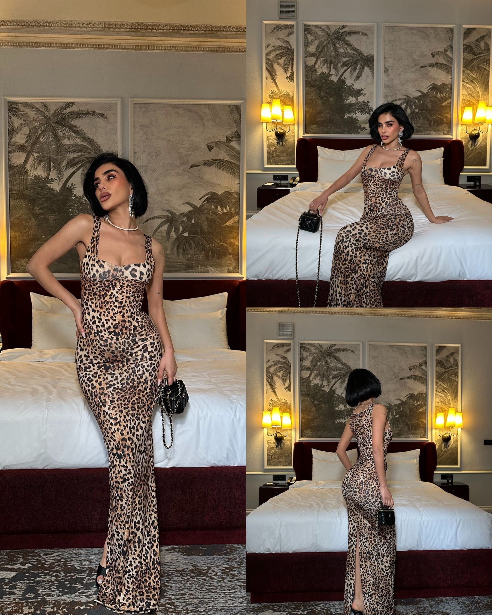 Leopar Desen Sandy Kumaş Kare Yaka Korseli Uzun Elbise 