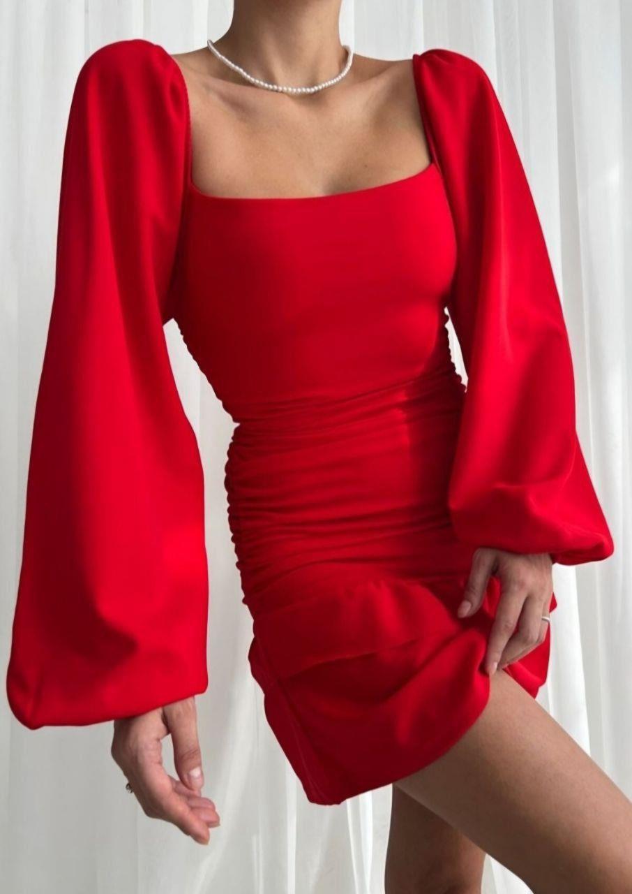 Likralı Crep Örme Kumaş Kare Yaka Drapeli Eteği Fırfırlı Balon Kol Kırmızı Elbise