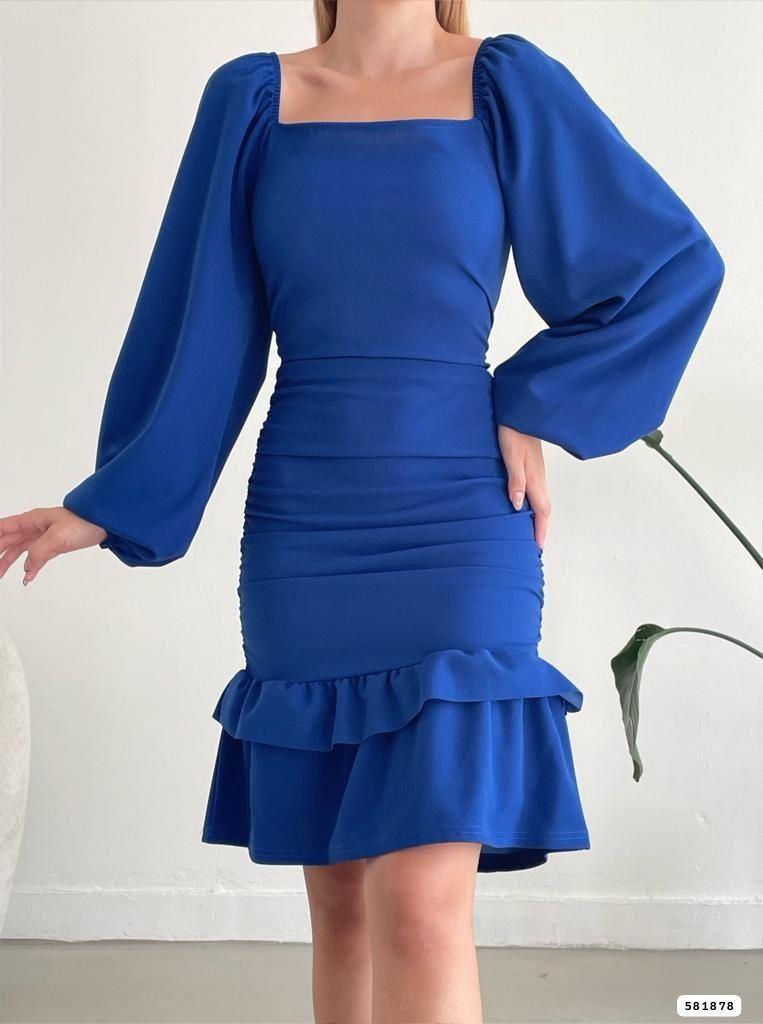 Likralı Crep Örme Kumaş Kare Yaka Drapeli Eteği Fırfırlı Balon Kol Saks Elbise