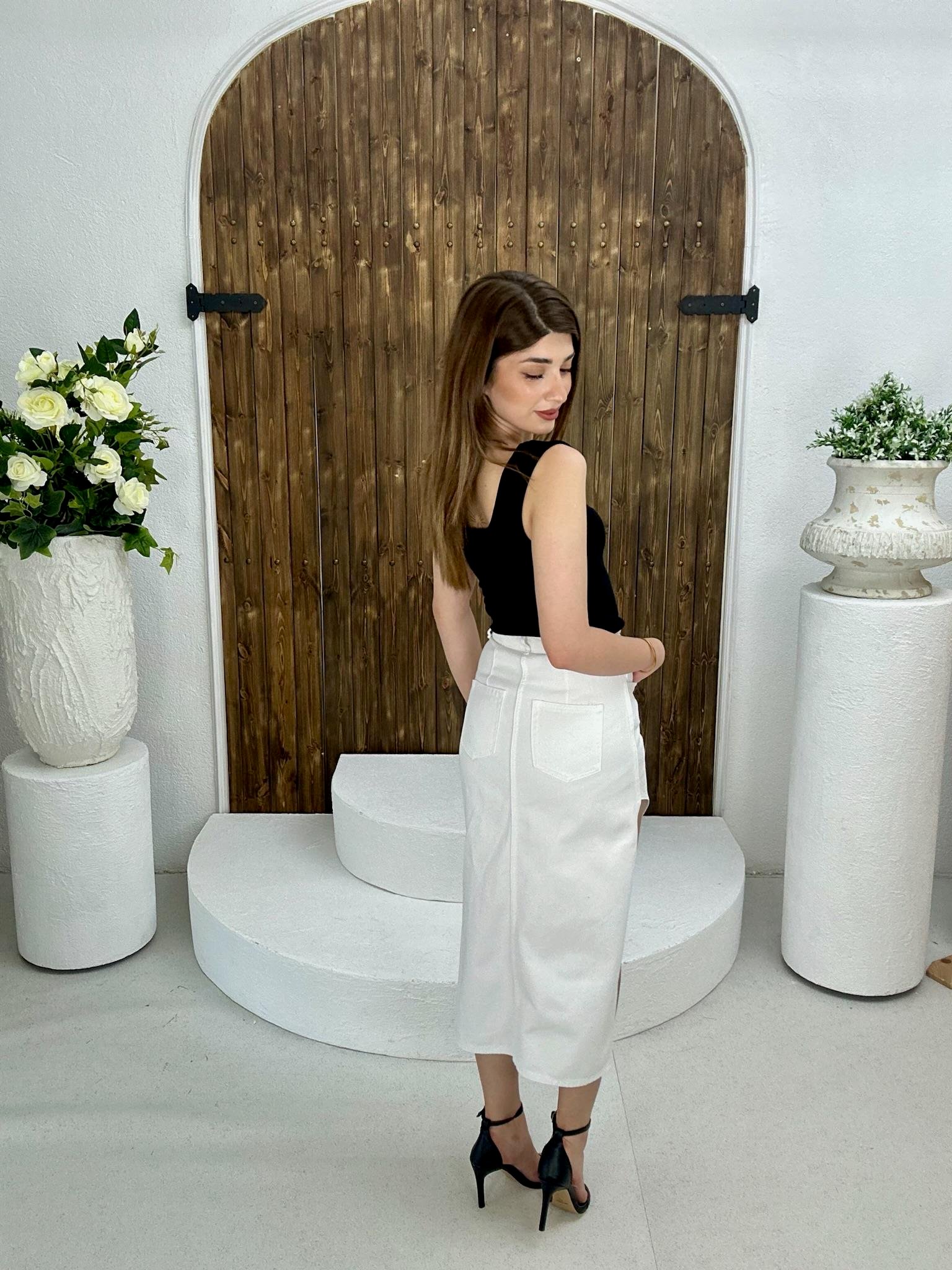 Likralı Jean Kumaş Beyaz Derin Yırtmaçlı Kalem Etek