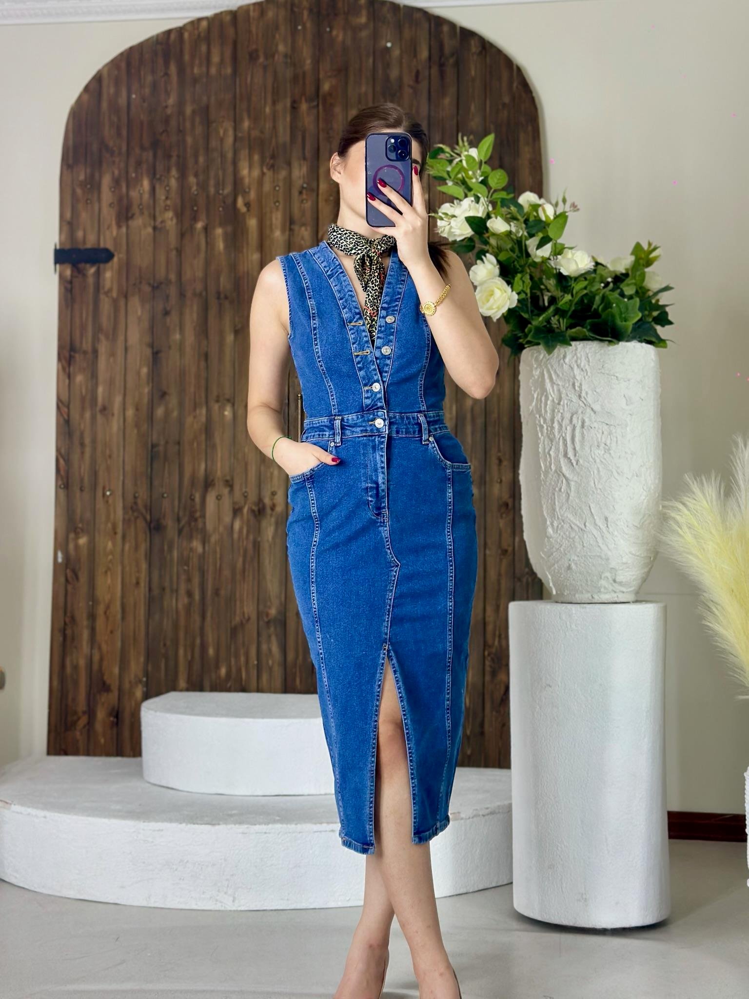 Likralı Jean Kumaş Düğmeli Midi Boy Elbise 