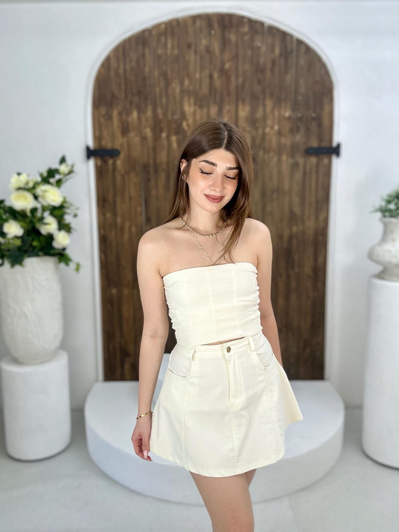 Likralı Jean Kumaş Krem Renk Kloş Etek 