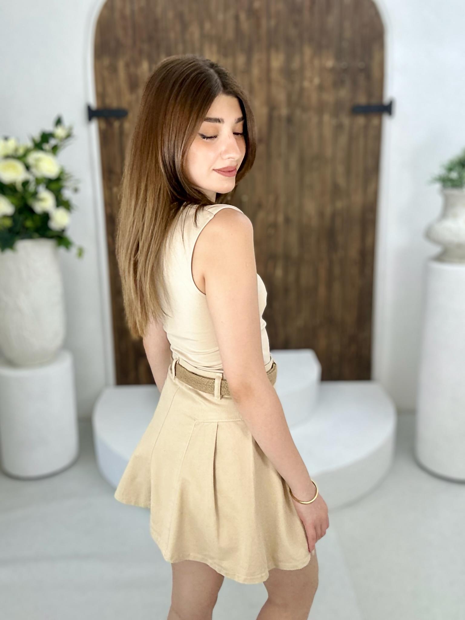 Likralı Jean Kumaş Pile Detay Etek Bej