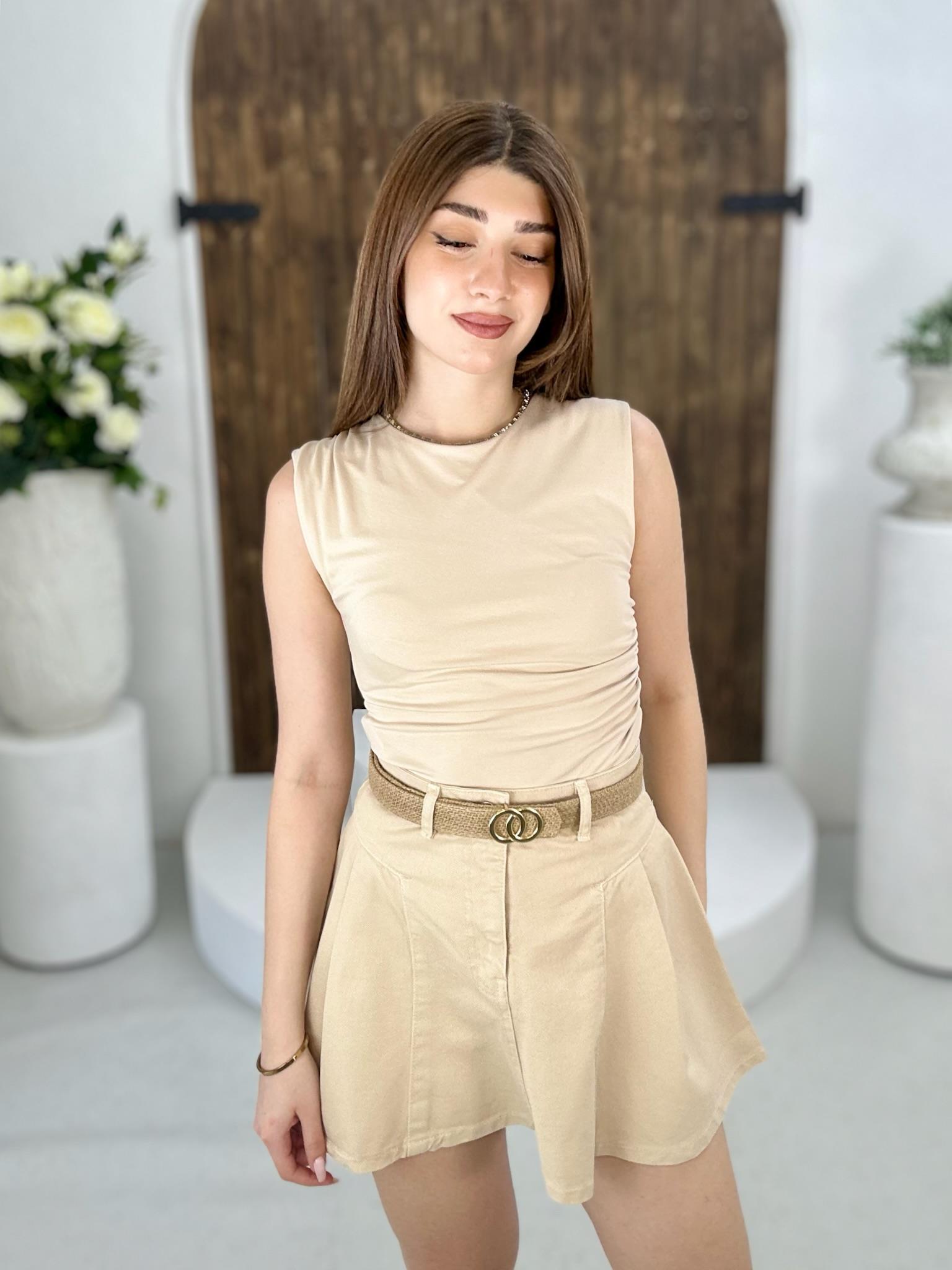 Likralı Jean Kumaş Pile Detay Etek Bej