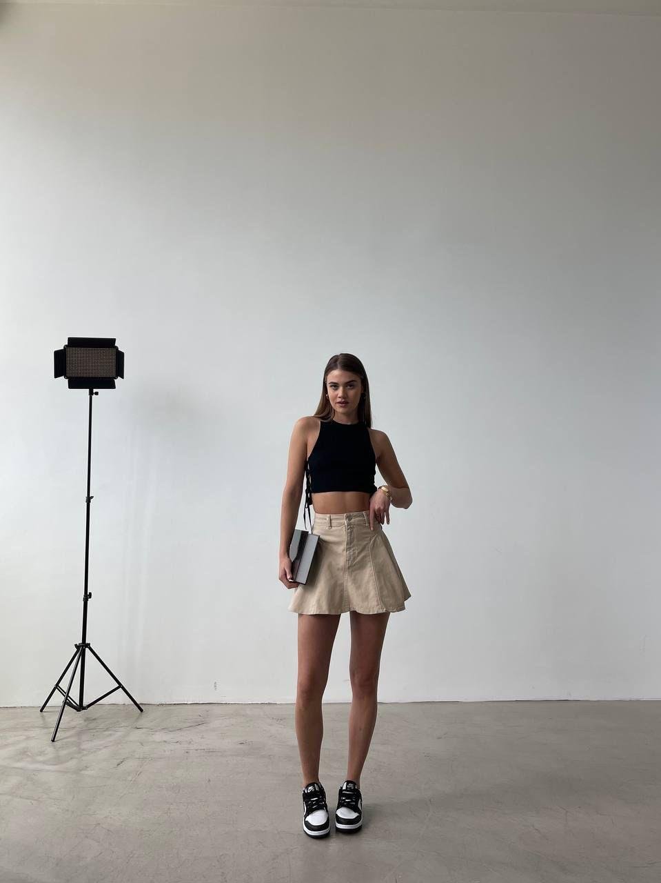 Likralı Jean Kumaş Pile Detay Etek Bej