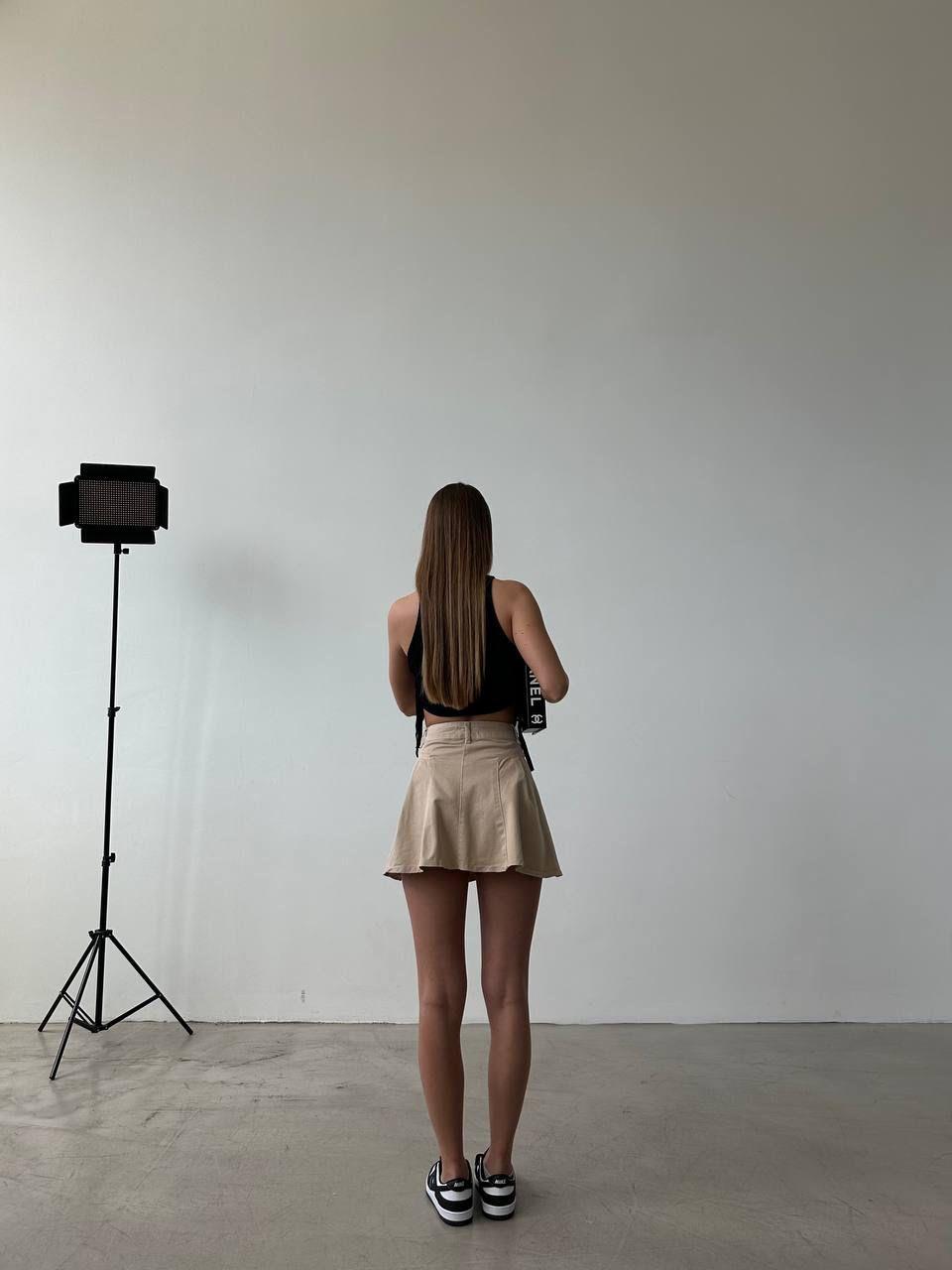 Likralı Jean Kumaş Pile Detay Etek Bej