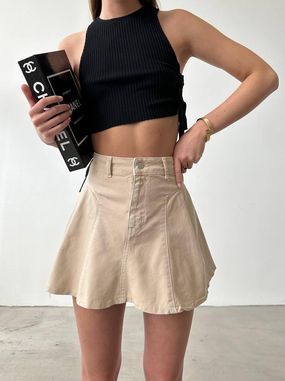 Likralı Jean Kumaş Pile Detay Etek Bej