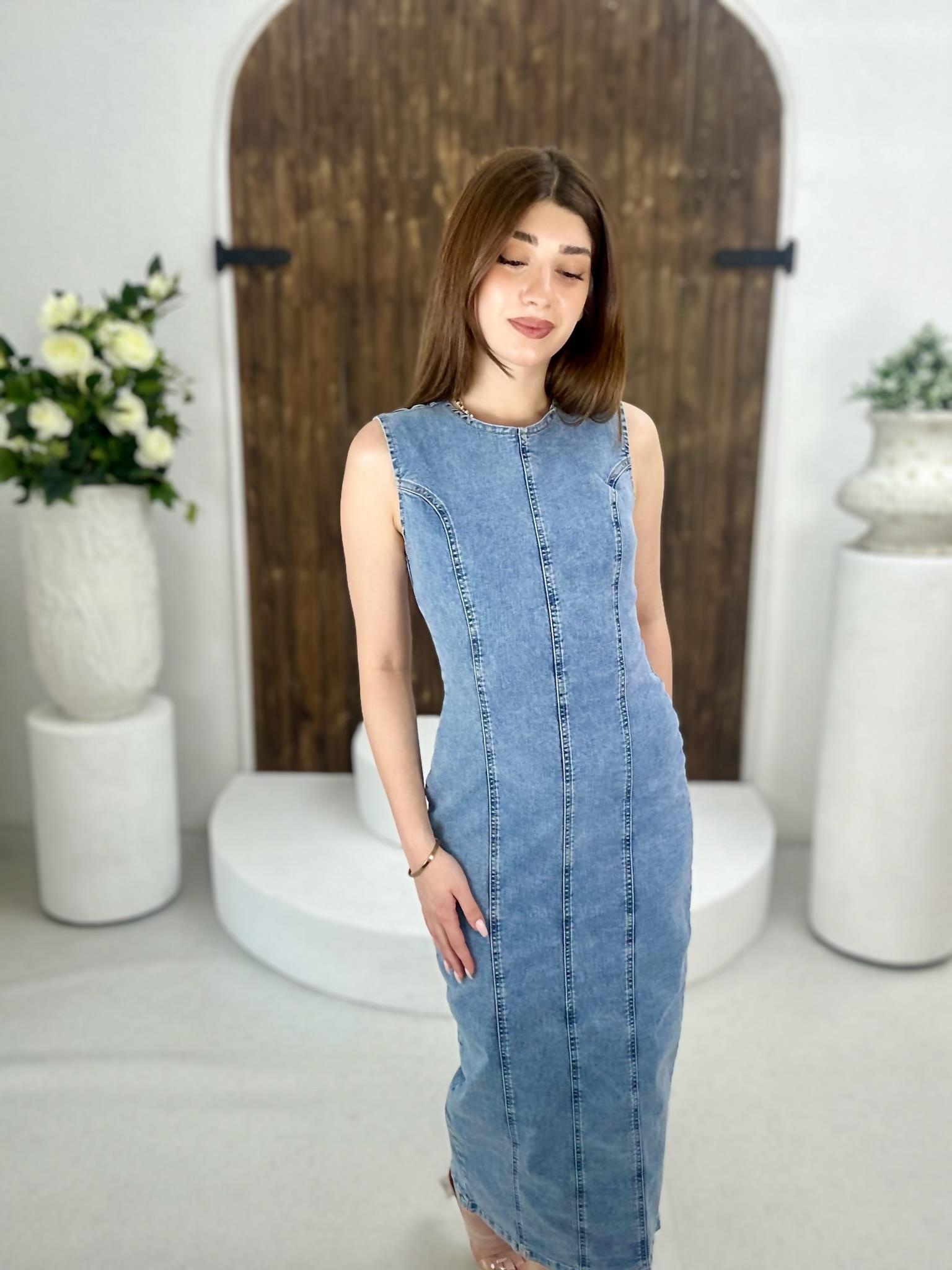 Likralı Jean Kumaş Şerit Dikişli Kalem Elbise