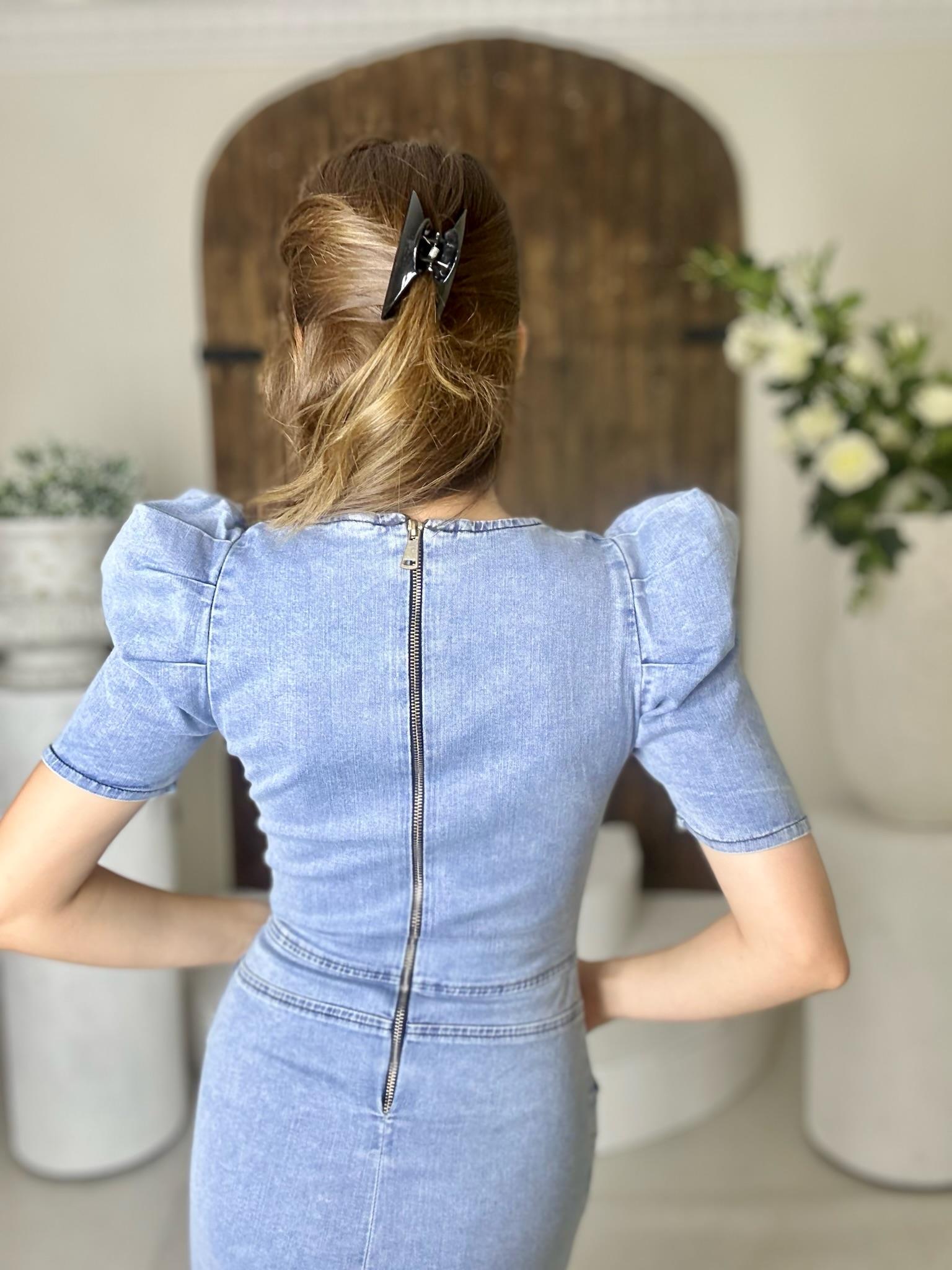 Likralı Jean Kumaş Sırt Metal Fermuar Detaylı Karpuz Kol Elbise