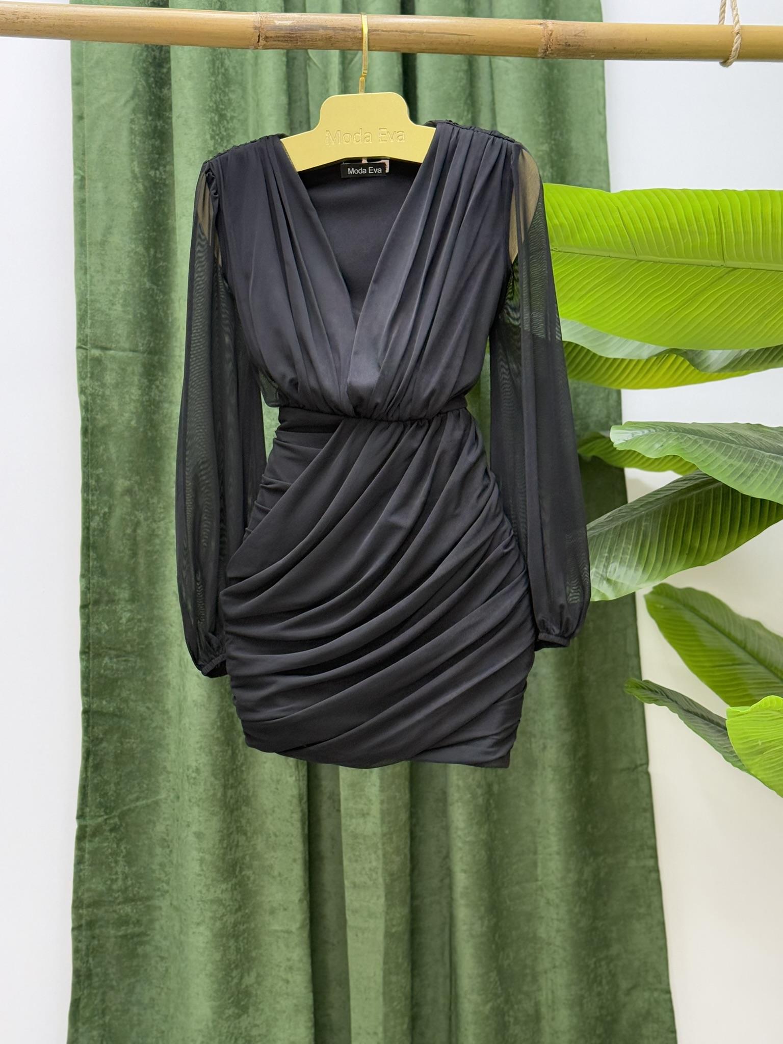 Likralı Kumaş Drapeli Derin V Yaka Tasarım Elbise Siyah 