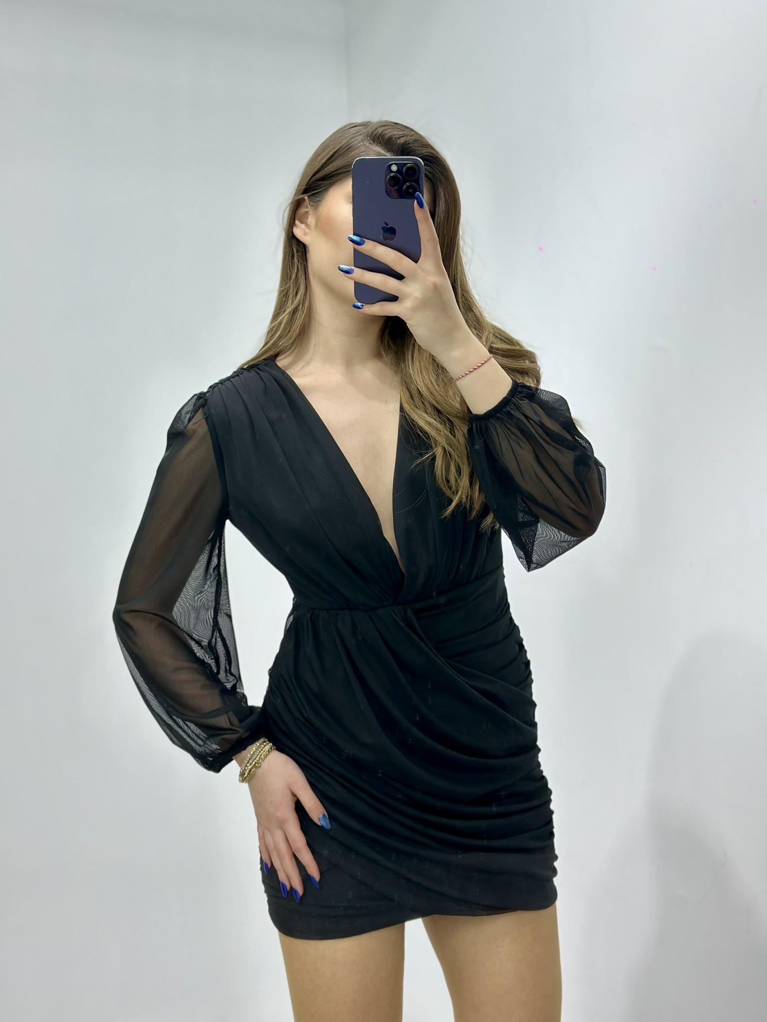 Likralı Kumaş Drapeli Derin V Yaka Tasarım Elbise Siyah 