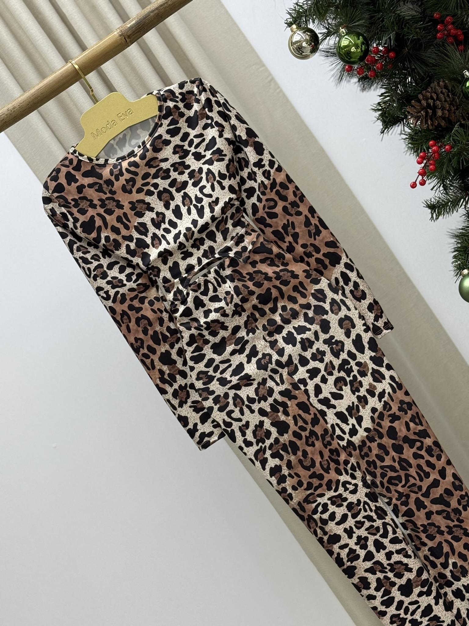 Likralı Micro Kumaş Crop Uzun Etek İkili Takım Leopar