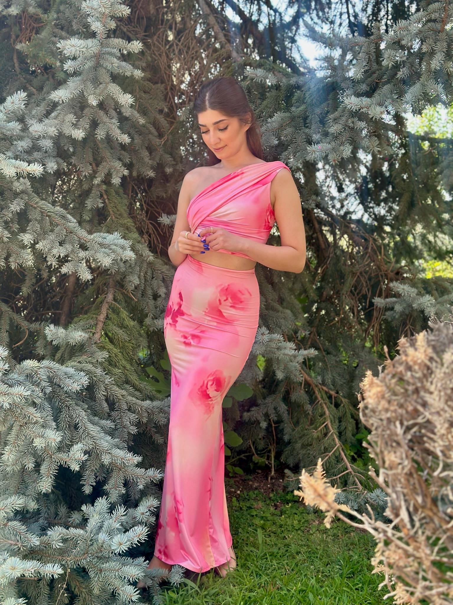 Likralı Micro Kumaş Crop & Uzun Etek İkili Takım Pembe