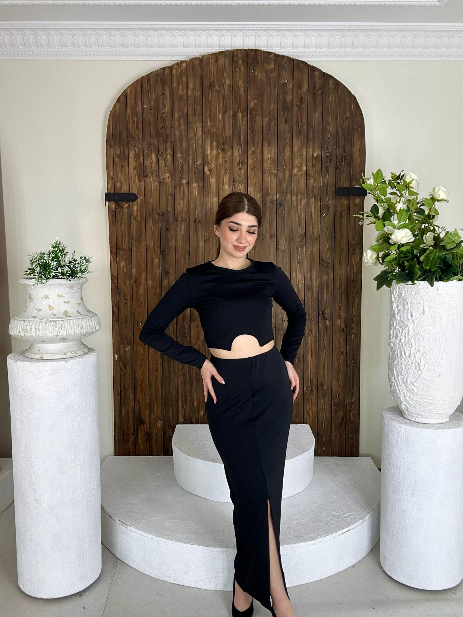 Likralı Micro Kumaş Crop Uzun Etek İkili Takım Siyah