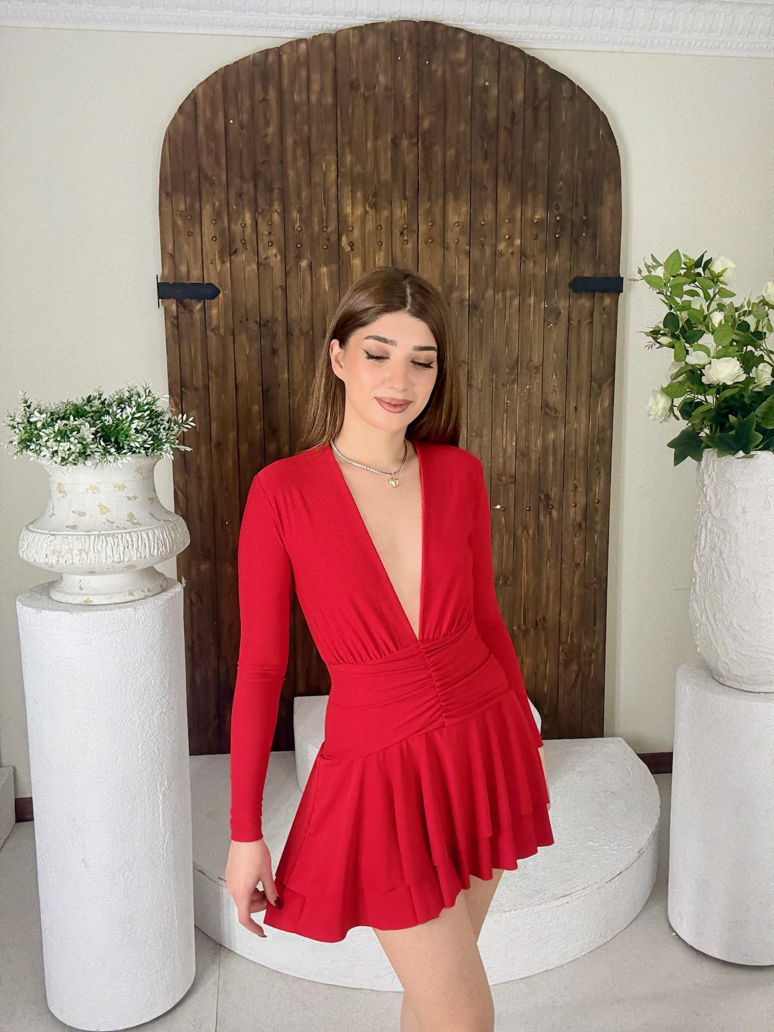 Likralı Micro Kumaş Derin V Yaka Şort Astarlı Mini Elbisemiz Kırmızı