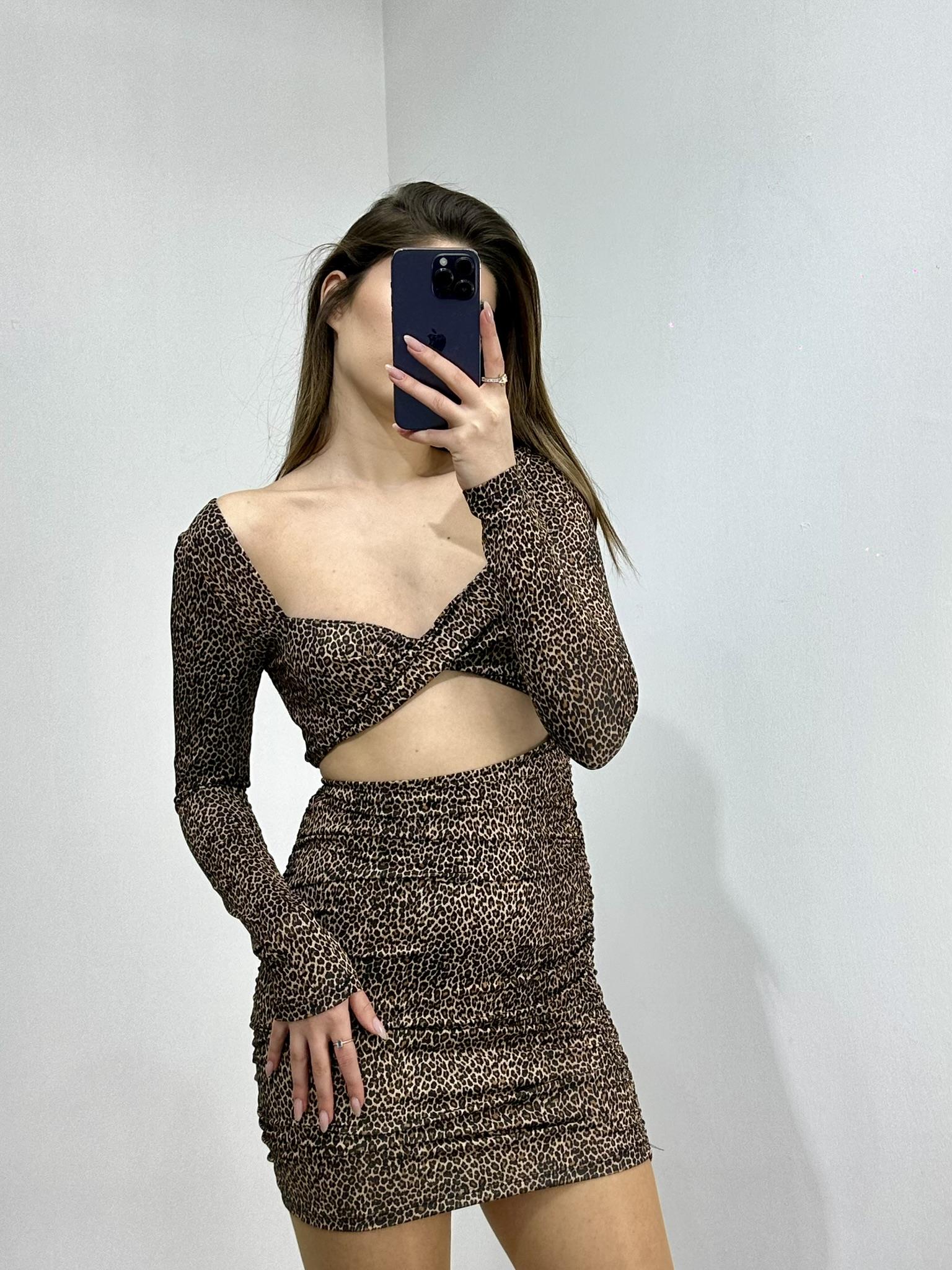 Likralı Micro Kumaş Leopar Desen Bel Dekolteli  Elbise 