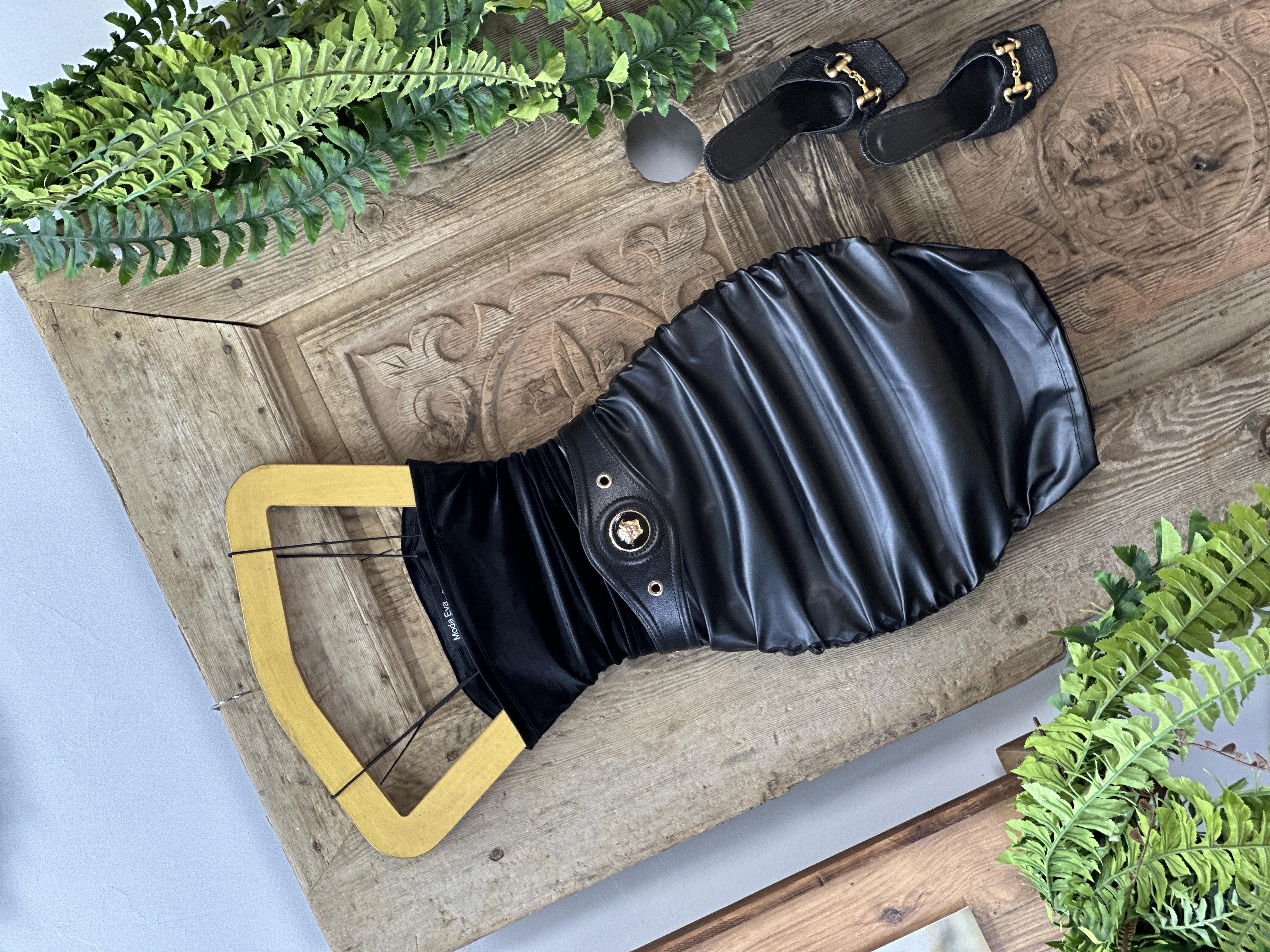 Likralı Pu Deri Drapeli  Siyah Etek