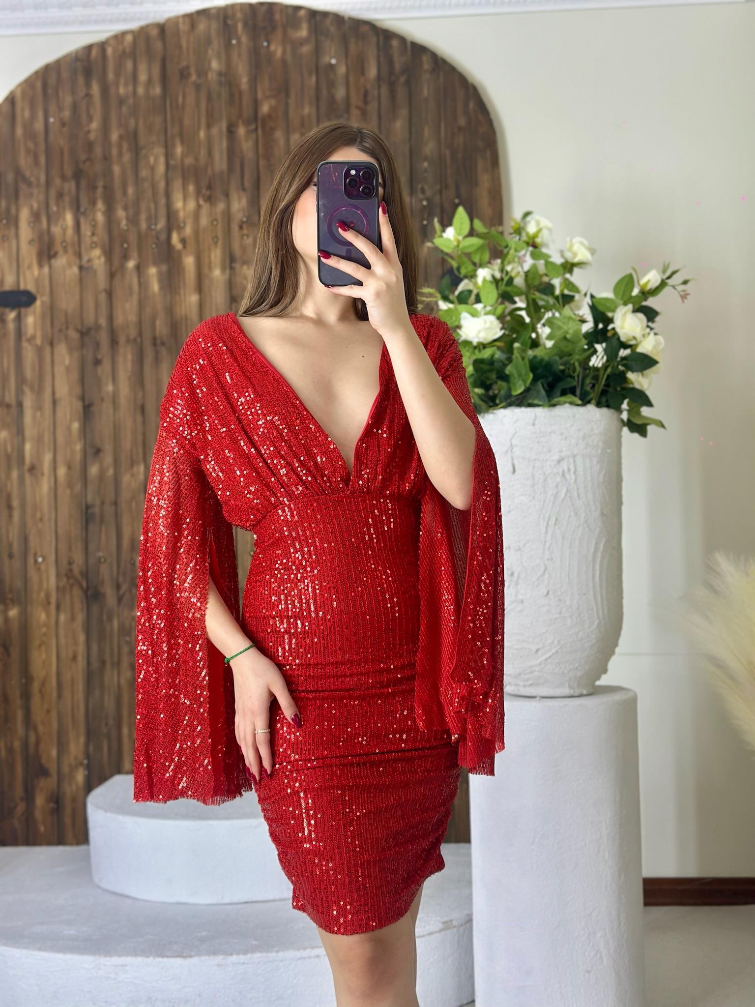 Likralı Pul Payet Kumaş Astarlı Pelerin Kol Mini Kırmızı  Elbise