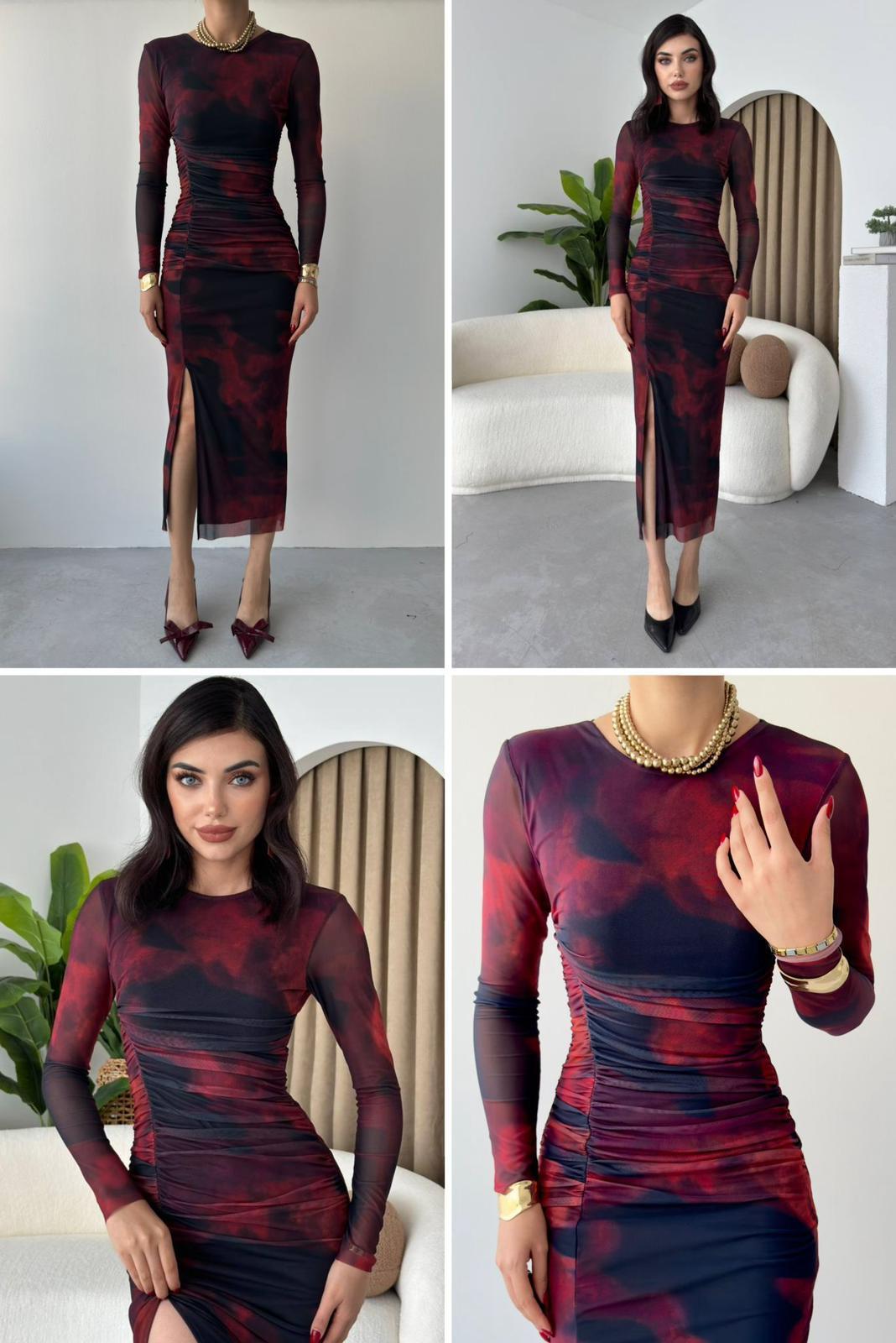 Likralı Şifon Tül Kumaş Drape Detaylı Yırtmaçlı Midi Elbise