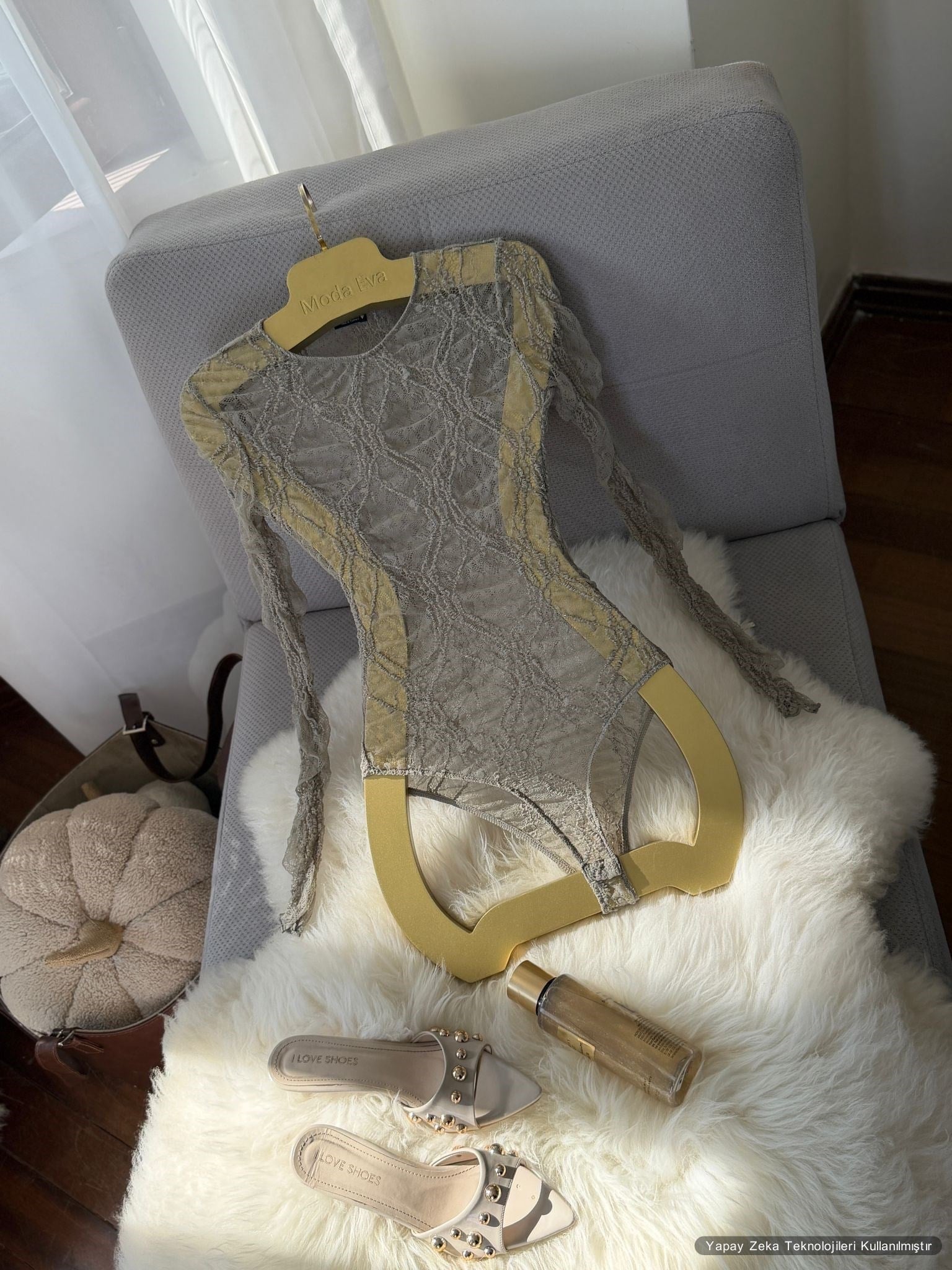 Likralı Tül Bodysuit Haki