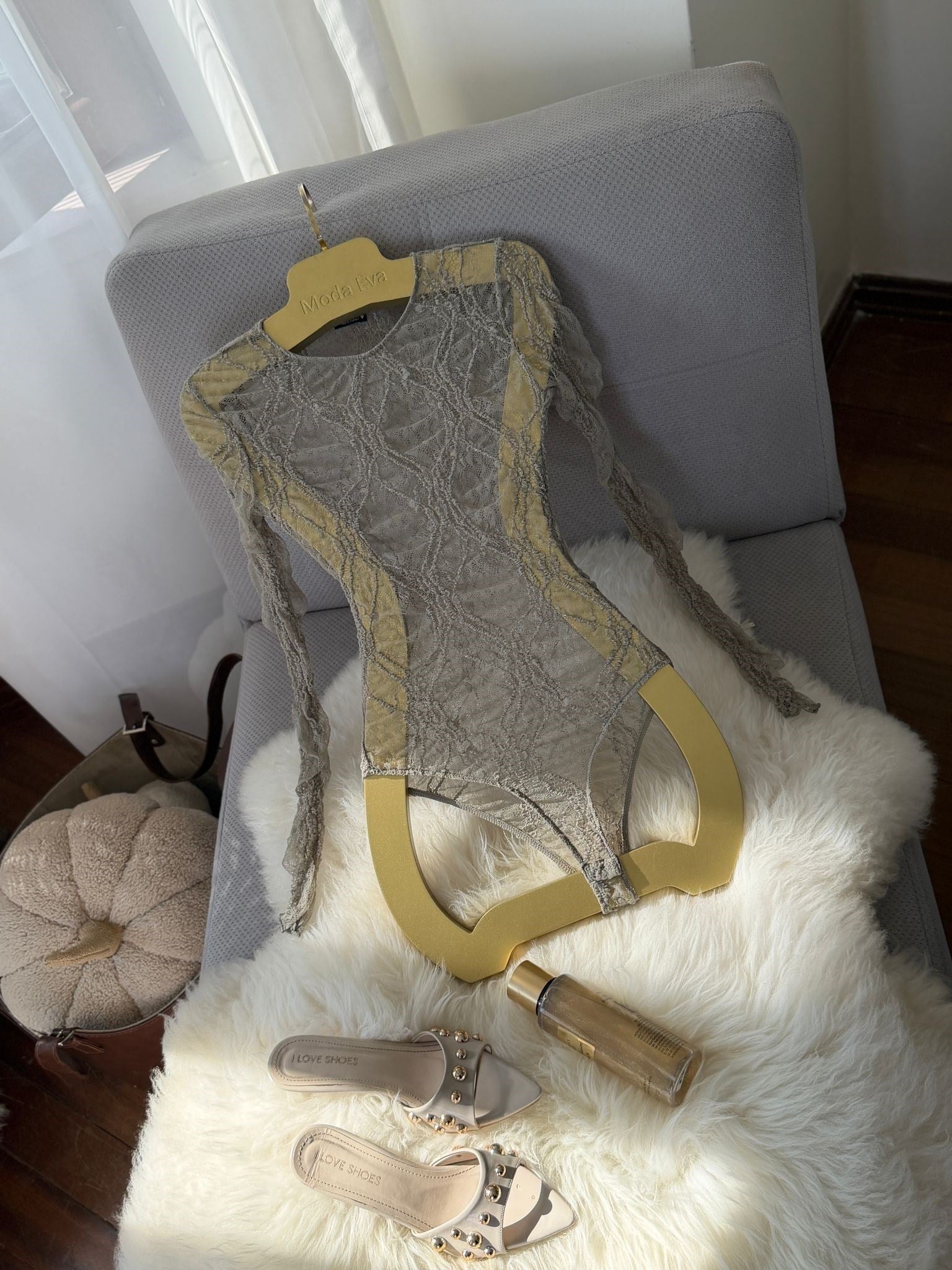 Likralı Tül Bodysuit Haki