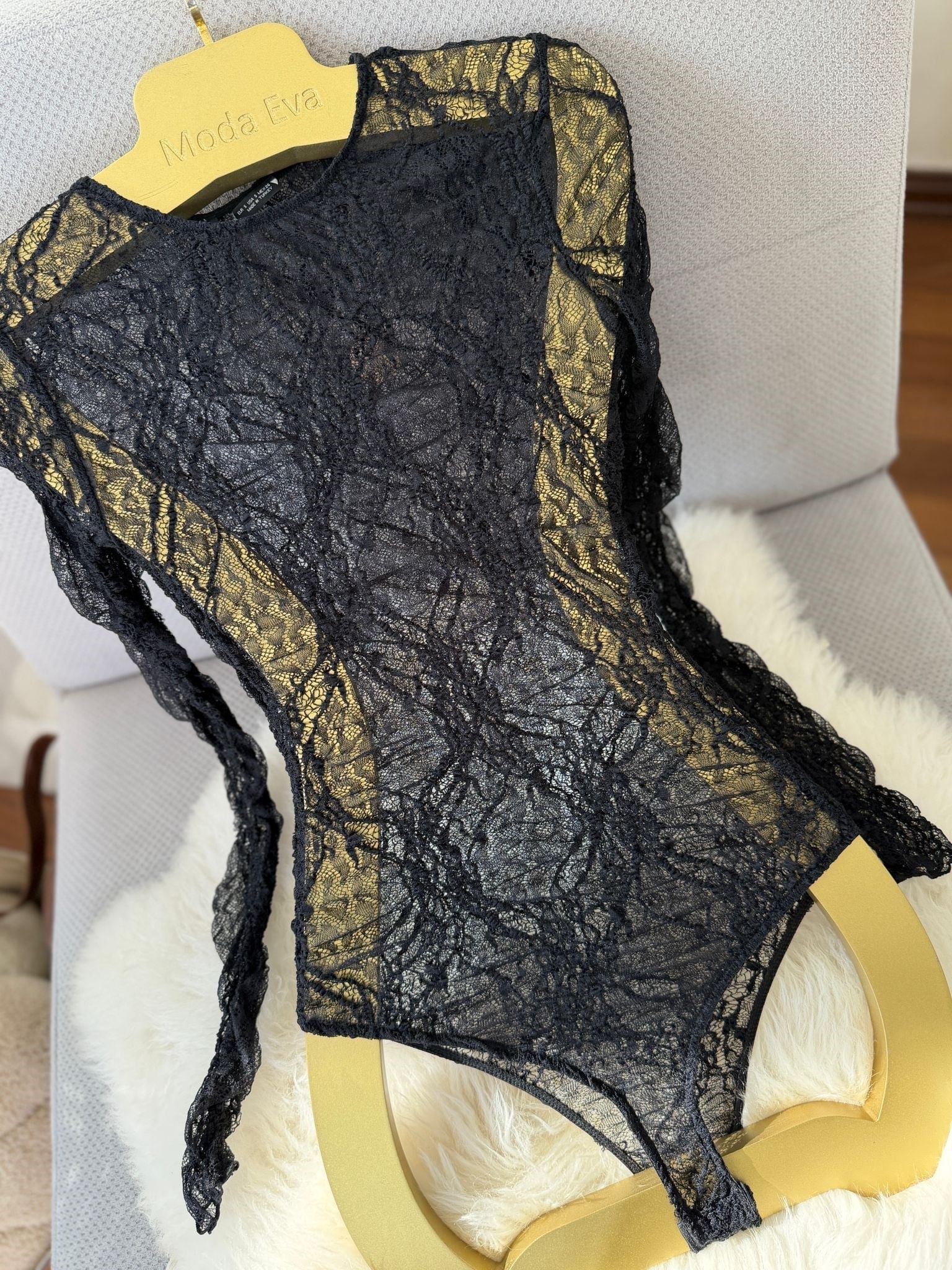 Likralı Tül Bodysuit Siyah