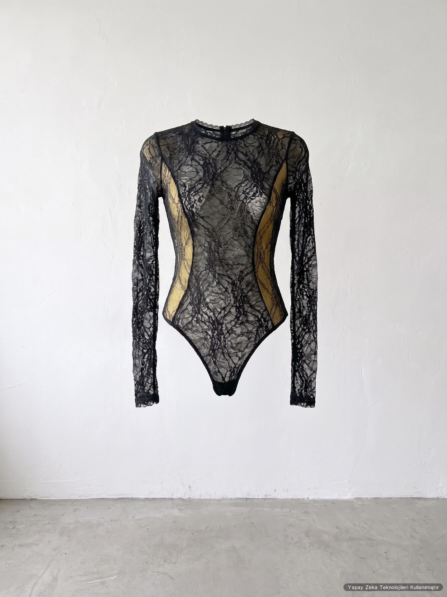Likralı Tül Bodysuit Siyah