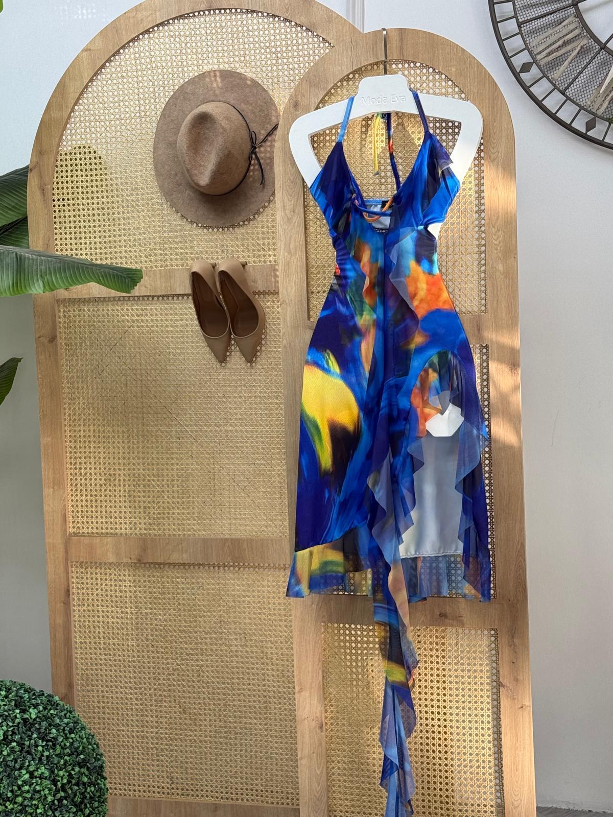 Likralı Tül Kumaş Ebruli Desen Tasarım Elbise