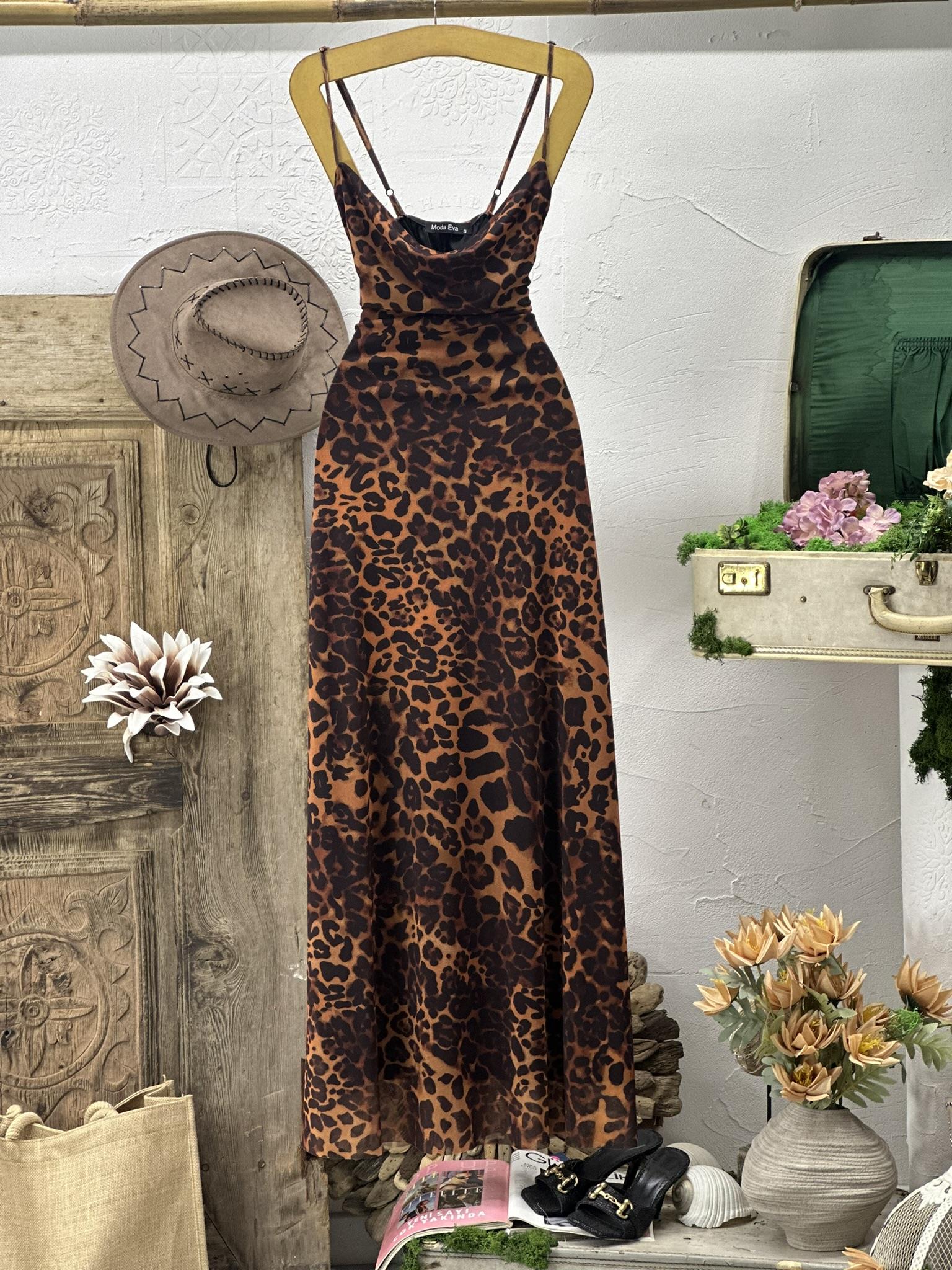 Likralı Tül Kumaş Leopar Desen Askılı Uzun Elbise
