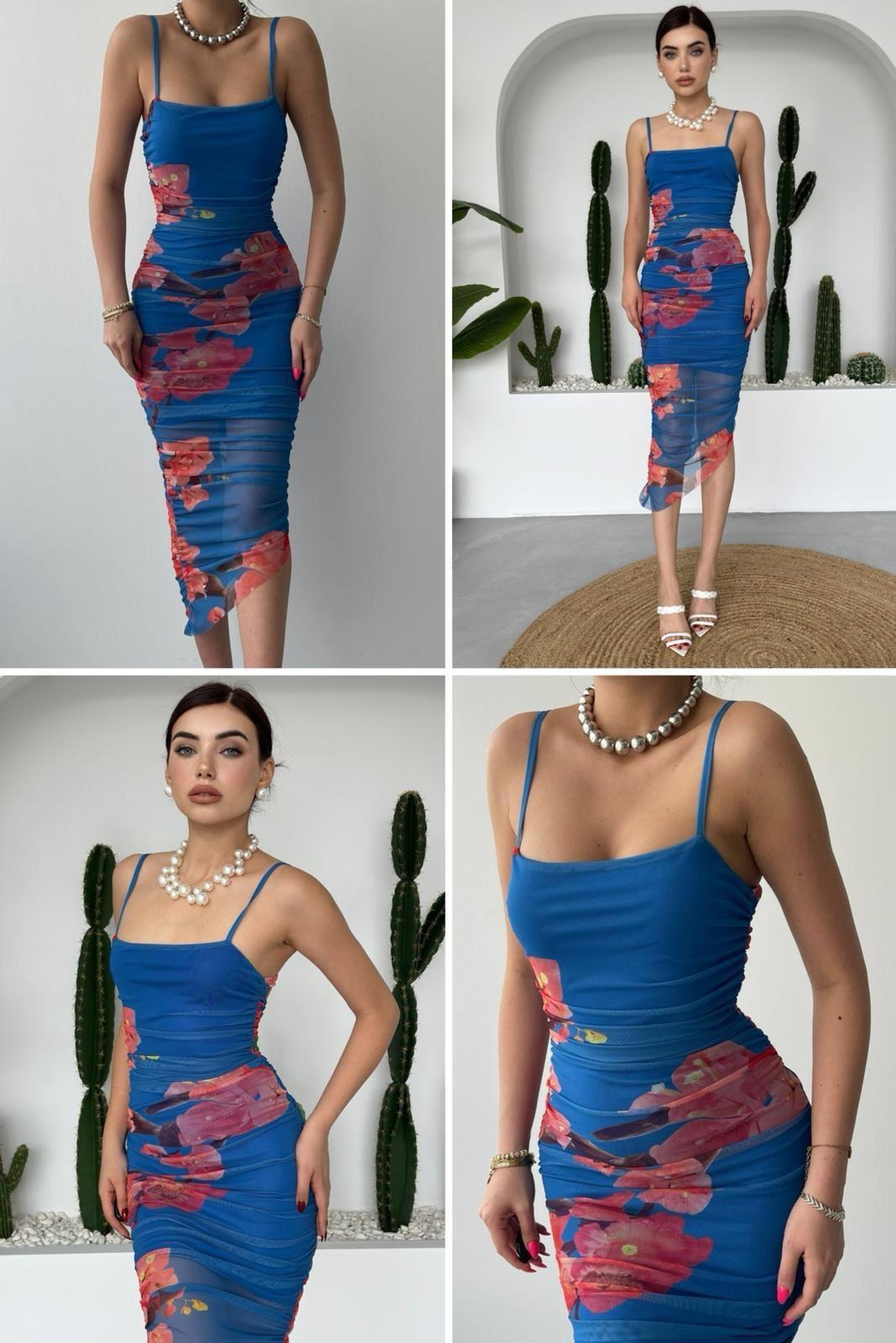 Likralı Tül Kumaş Mavi Desenli Askılı Kalem Elbise