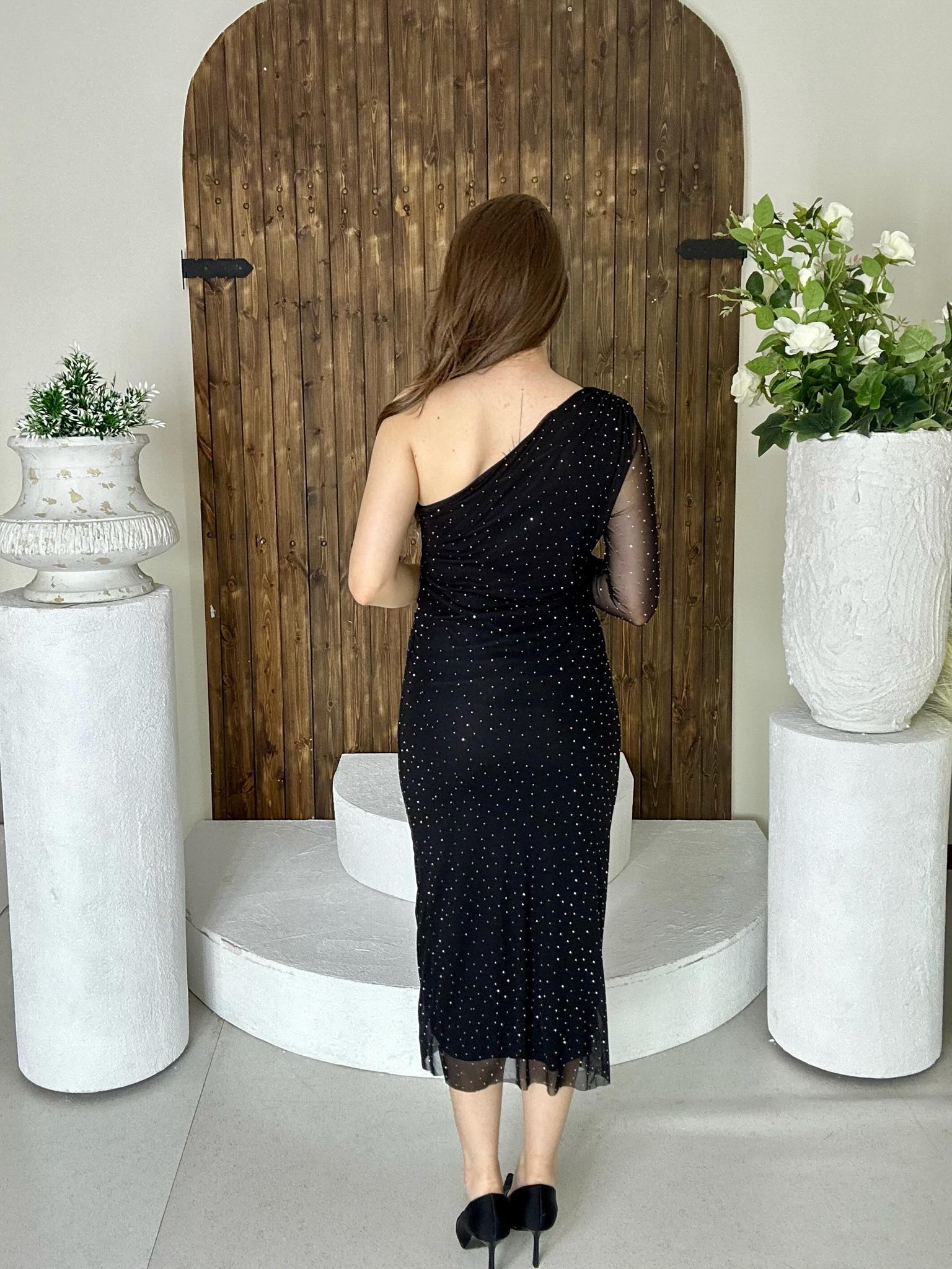 Likralı Tül Şifon Taş Detaylı Drapeli Kalem Elbise Siyah