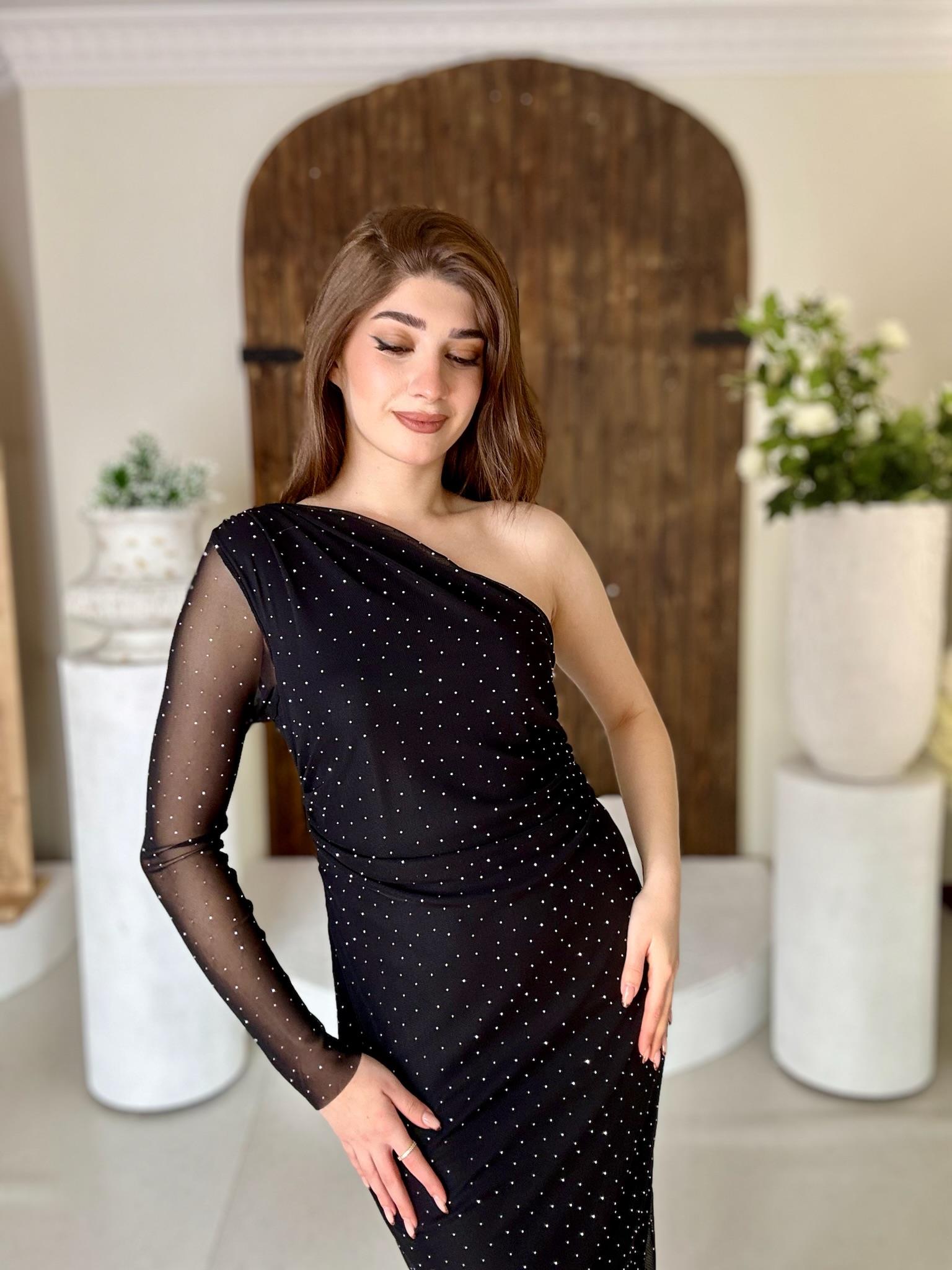 Likralı Tül Şifon Taş Detaylı Drapeli Kalem Elbise Siyah