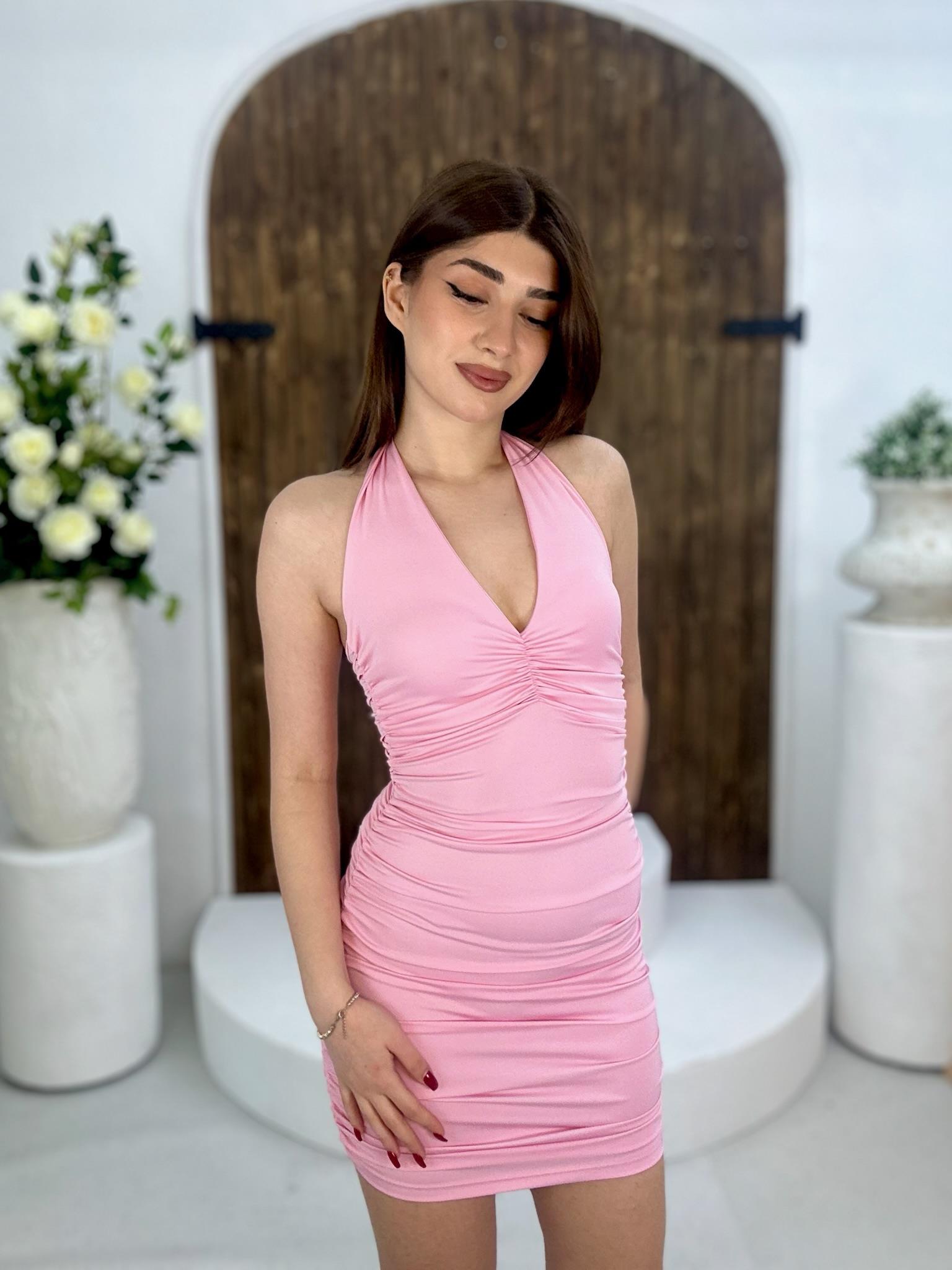 Micro Kumaş Drape Detay Boyundan Bağlamalı Elbisemiz Pudra